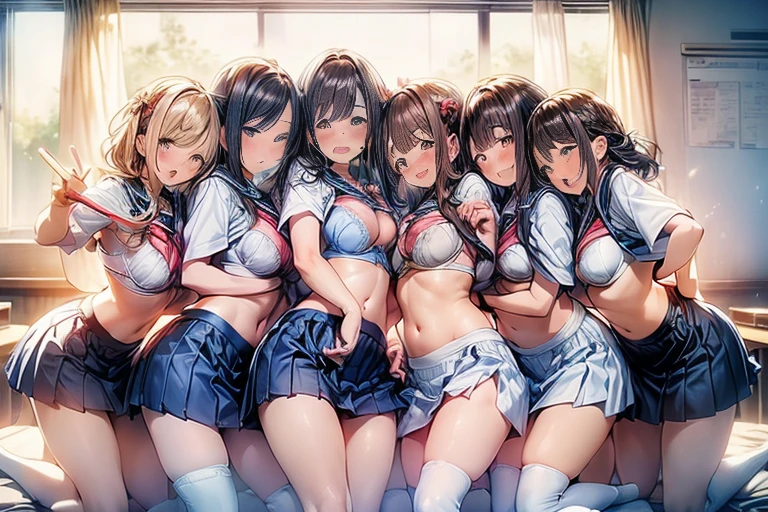 nswf:1.3,(masterpiece: 1.2, highest quality, masterpiece, Clearer images), (Bright colors), ((Take clear photos even from a distance)), (multiple girls), (Harem), (School classmates), (((All school uniforms have the same design))), (((Everyone is wearing the same navy blue skirt))), (()), ((prostitution婦)), (prostitution宿, on the bed), (cute Japanese((6 girls))), (((infant'face))), ((group shot)), (group selfie), ((ass visible through thighs))、 (Full body diagram from head to toe), front, frontやや下からの構図, symmetry, 18 year old tall girl, alone, (whole body from head to toe),wide angle, soft light, ((((laugh with your mouth wide open)))), (slightly larger breasts), ((prostitution)), (lure), ((viewers love it)), (((A lot of hearts are flying))), Landscape、、((((open legs:1.5)))、((female masturbation:1.8))、((breast grab:1.3)),(((bra lift:1.4)))、(((show bra:1.5)))、(skirt lift:1.3) 、one eye closed、stick out one's crotch、((youth))、((((Knee-length white loose socks))))