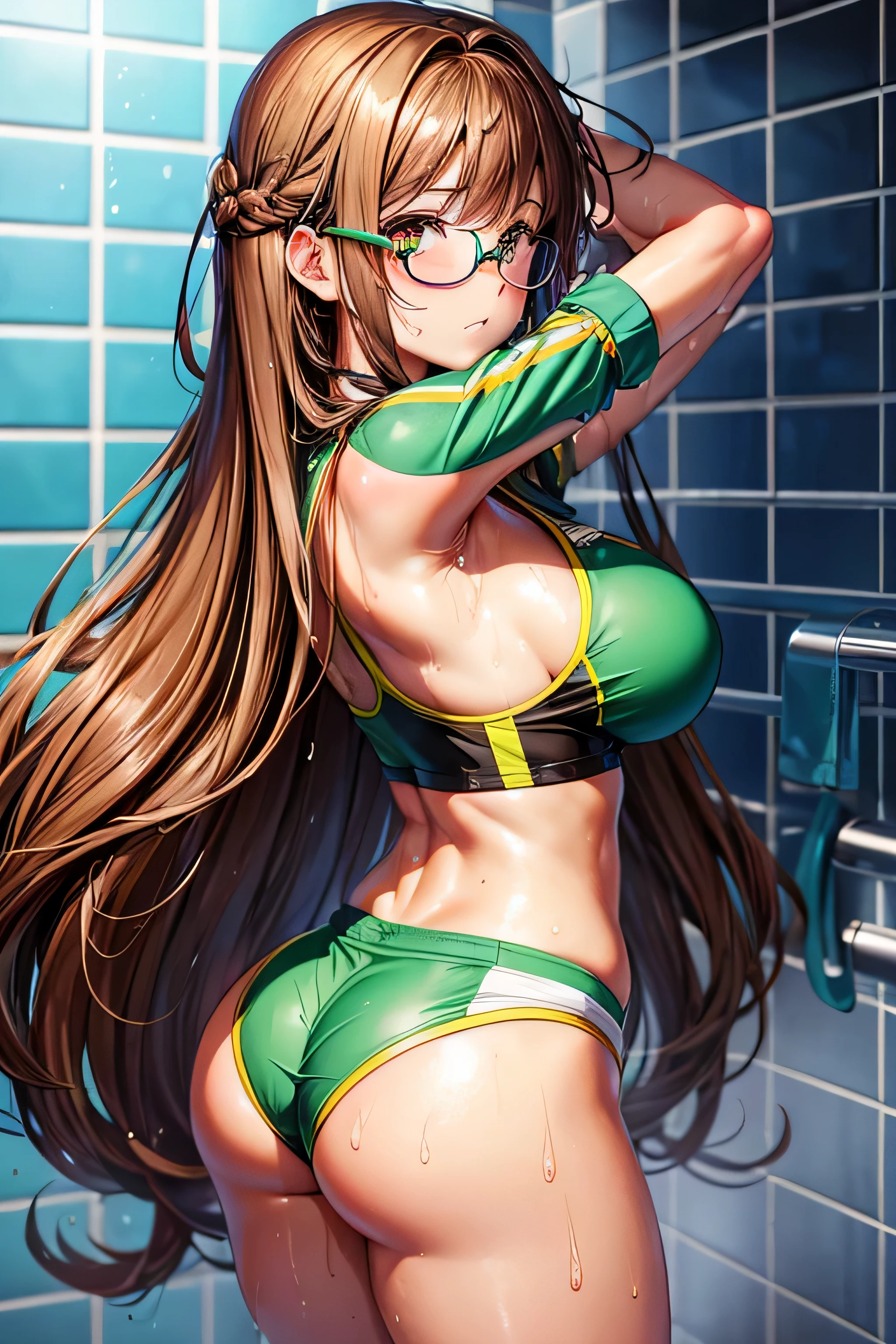 High resolution, high quality, 1 girl, anime girl, brown long hair, brown eyes, Green glasses, tanned skin, big breasts, (big ass),beautiful butt,sweat,wet,highleg cheerleader,arms behind head,raise your legs,at shower,(water),