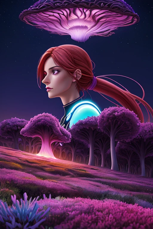 Bianca from Italy, long ponytail [auburn:copper:.3] hair, concept art painting of a fantasy alien fungal landscape at night, magenta trees, glowing blue mushrooms, dark purple sky, realistic, detailed, cel shaded, in the style of makoto shinkai and greg rutkowski and albert bierstadt and james gurney, sunset, glowing sky, fading light, serene