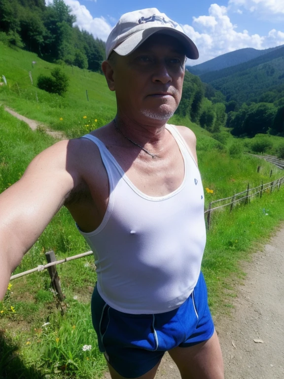 cowboy shot, 1 person,On the mountain path,dark,evening, Front view, (looking at the viewer,60歳male性、male,Bald,Japanese,Tank top, bottomless,can,male性の白いブリーフ, sweat vapor,embarrassing,squat),woman'The tale of