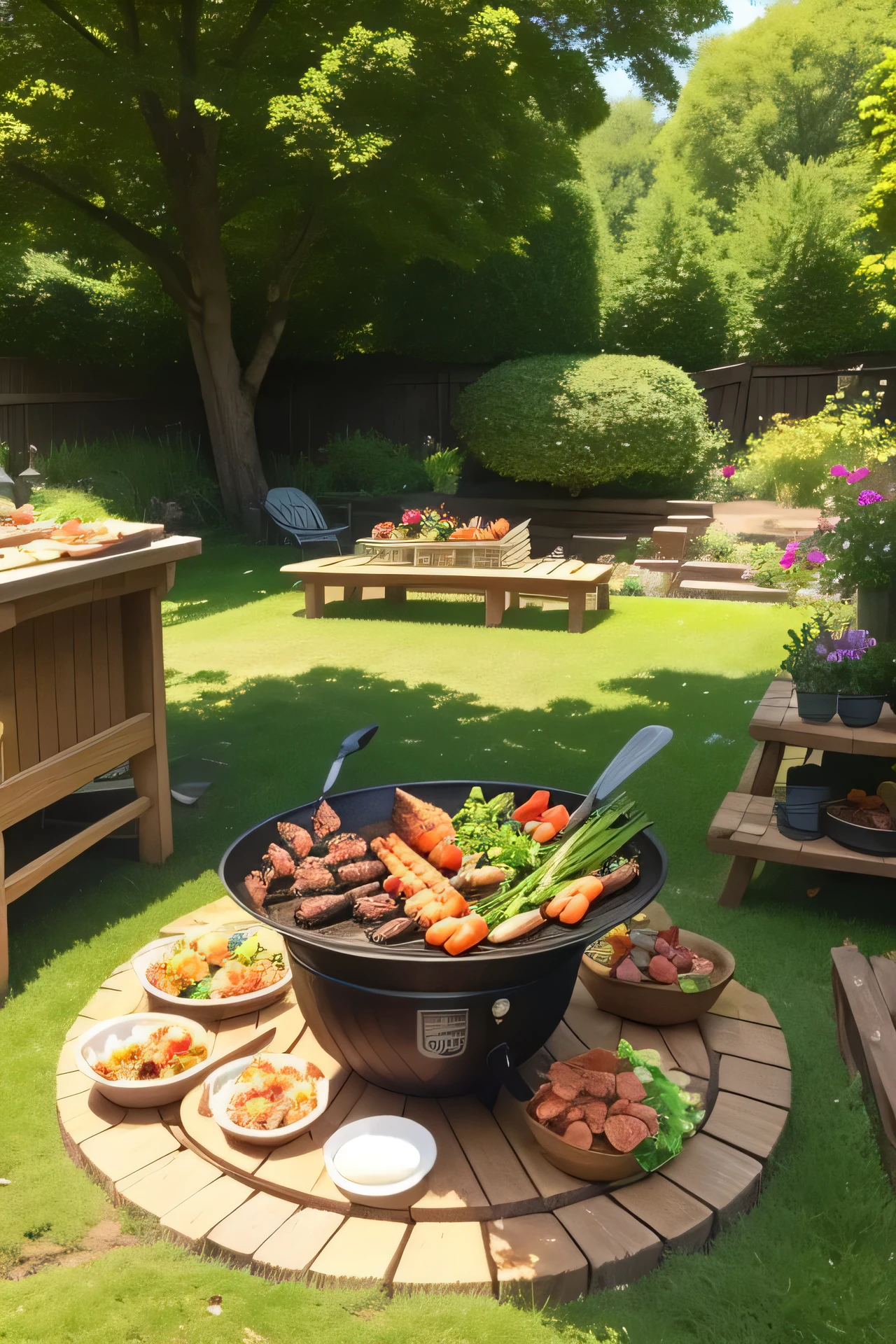 BBQ setup in a spring garden, super detailed, crowded and active, birds and insects flying, flowers on the green gras