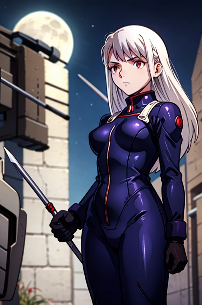 ultra-detailed, Explicit, Beautiful body, Beautiful Nose, Beautiful character design, perfect eyes, perfect face, ultra highres, 4K, beautiful legs, perfect legs, perfect anatomy, Nice hands, Perfect hand, Masterpiece, Best Quality, Highly detailed, illustration, absurdres, street fighter, doll suit, shadaloo doll, dollsuit, expressionless, blank eyes, looking at viewer, red gloves, emotionless, black latex, corrution, mind control, female combatant, full body, hypnotized, unhappy trance, full body suit, ribbed bodysuit, both arms at side, obey, perfect female body, extremely glossy latex, hypnosis, hypnoLora, empty eyes, Mind control device, poses, submissive_pose, Slave, hat, necktie, kneeling straight, kneeling, kneeling at attention, hat, necktie, belt, latex, ribbed bodysuit, thighhighs, garter belt, Fighting Stance, military, thigh boots, 1girl, solo, military, Sakayanagi Arisu, Classroom of the Elite, staff, white hair, purple eyes, medium hair, braids, hair ornaments