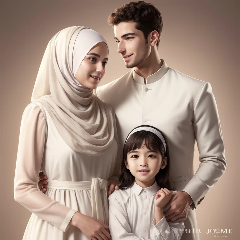 arafed woman and a man in white are posing for a picture, husband wife and son, happy family, white hijab, perfect android girl family, realistic picture, beautiful depiction, beautiful realistic photo, ultra realistic picture, realistic art, very clear picture, lovely couple, smooth white tight clothes suit, hyperrealistic picture, highly realistic photo, handsome stunning realistic