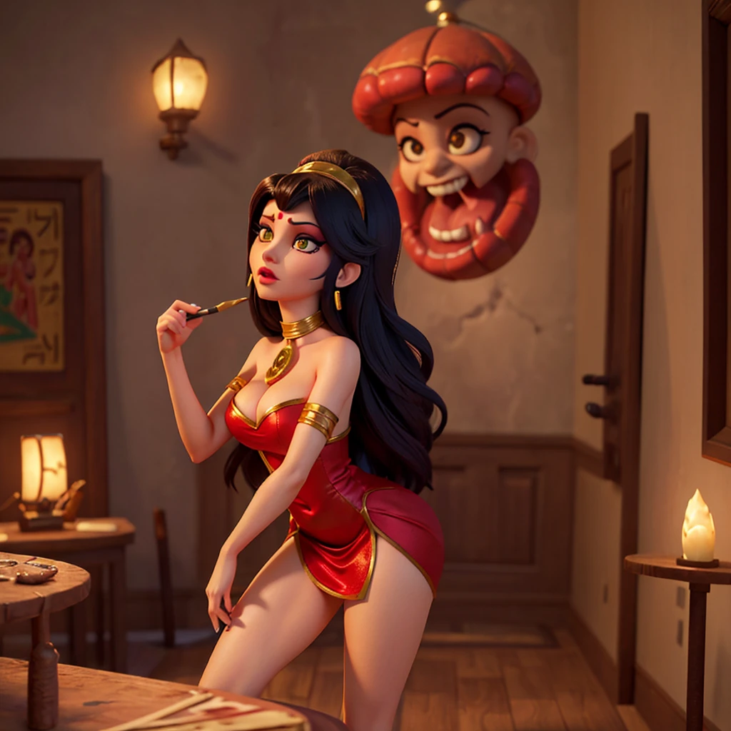 (Set in an Eldritch Horror, many eldritch monsters stalk the damsel) In ancient Egypt, (realistic Jessica Rabbit (Egyptian themed sultry makeup) in a (dressed appropriate to the scene)), alluring sultry, is panicked and struggling to run across the desert, she is being pursued by a large sex crazed eldritch monstrosity, moonlit night,painting-like,rich texture,full of details,masterpiece:1.2,realistic,photorealistic:1.37,ultra-detailed,professional, HDR,UHD,studio lighting,ultra-fine painting,sharp focus,physically-based rendering,vivid colors,bokeh,portraits,horror,landscape,realism,sci-fi,photography,concept artists,warm color palette,soft and diffused lighting