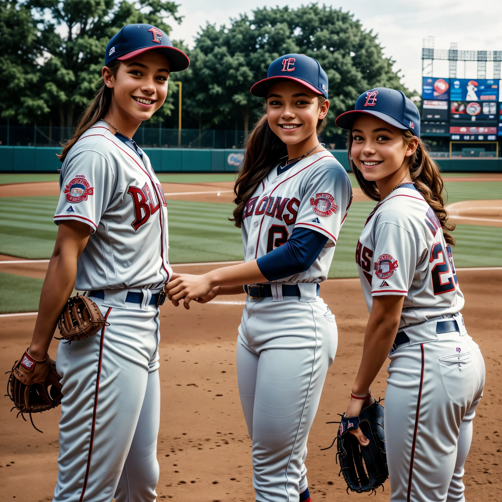 Young people wearing baseball uniforms in a baseball stadium, practicing baseball, 90s theme, trees in the background of the stadium, lighting, smiling, perfect face, perfect arms, ultra resolution, very detailed, HDR, masterpiece, 8K hd
