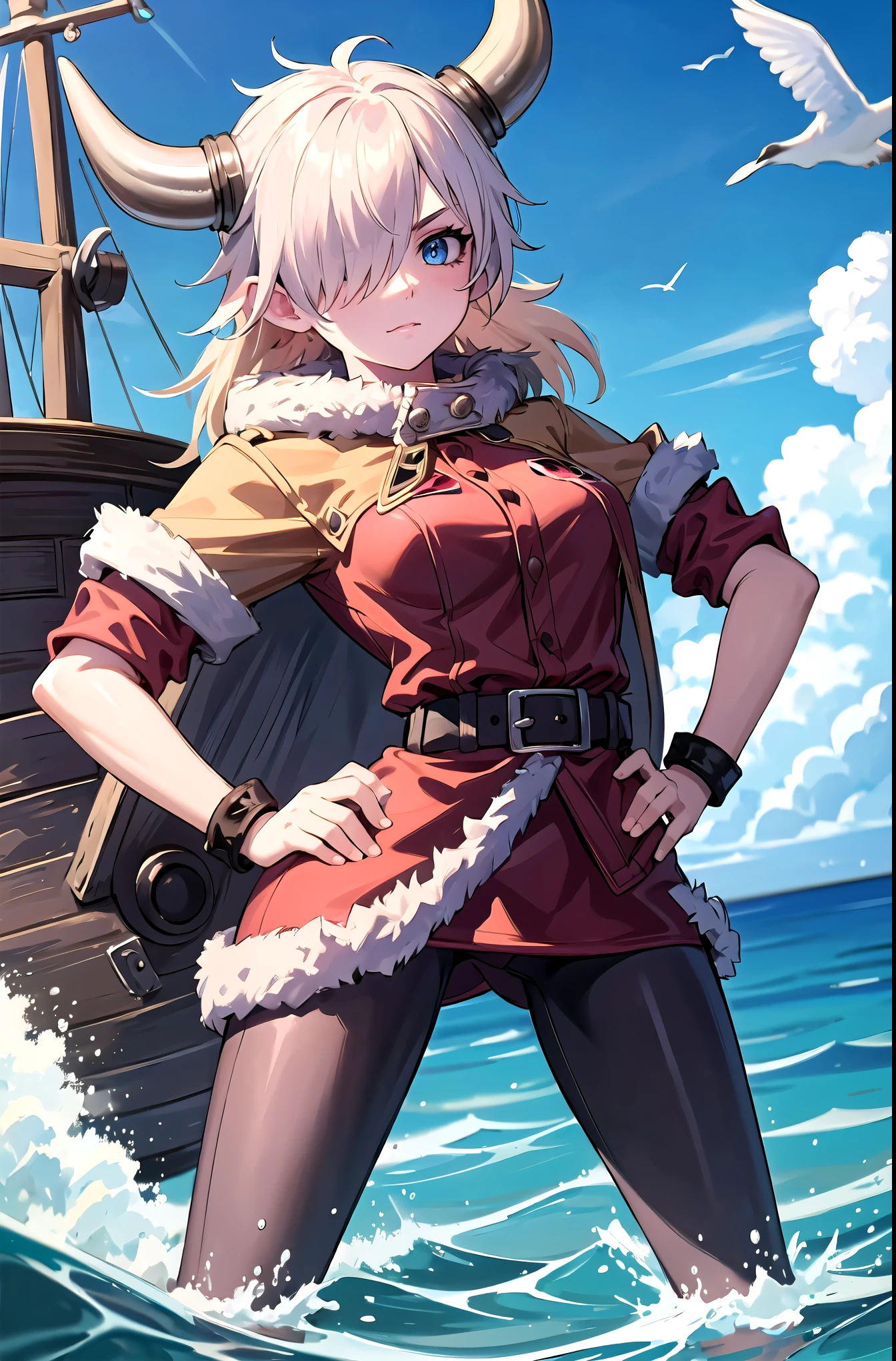 (masterpiece, best quality, detailed), 1girl, solo, seras victoria, hair over one eye, looking at viewer, 
ancient viking, viking helmet, horned helmet, fur trim, helmet, ship, ocean, waves, seagull, cloudy sky, hands on hips, serious, blue eyes