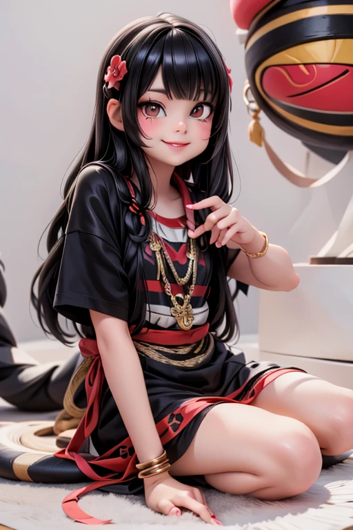 a cute serpent smiling, indigenous dress, beautiful sandals, red and black makeup stripes.
