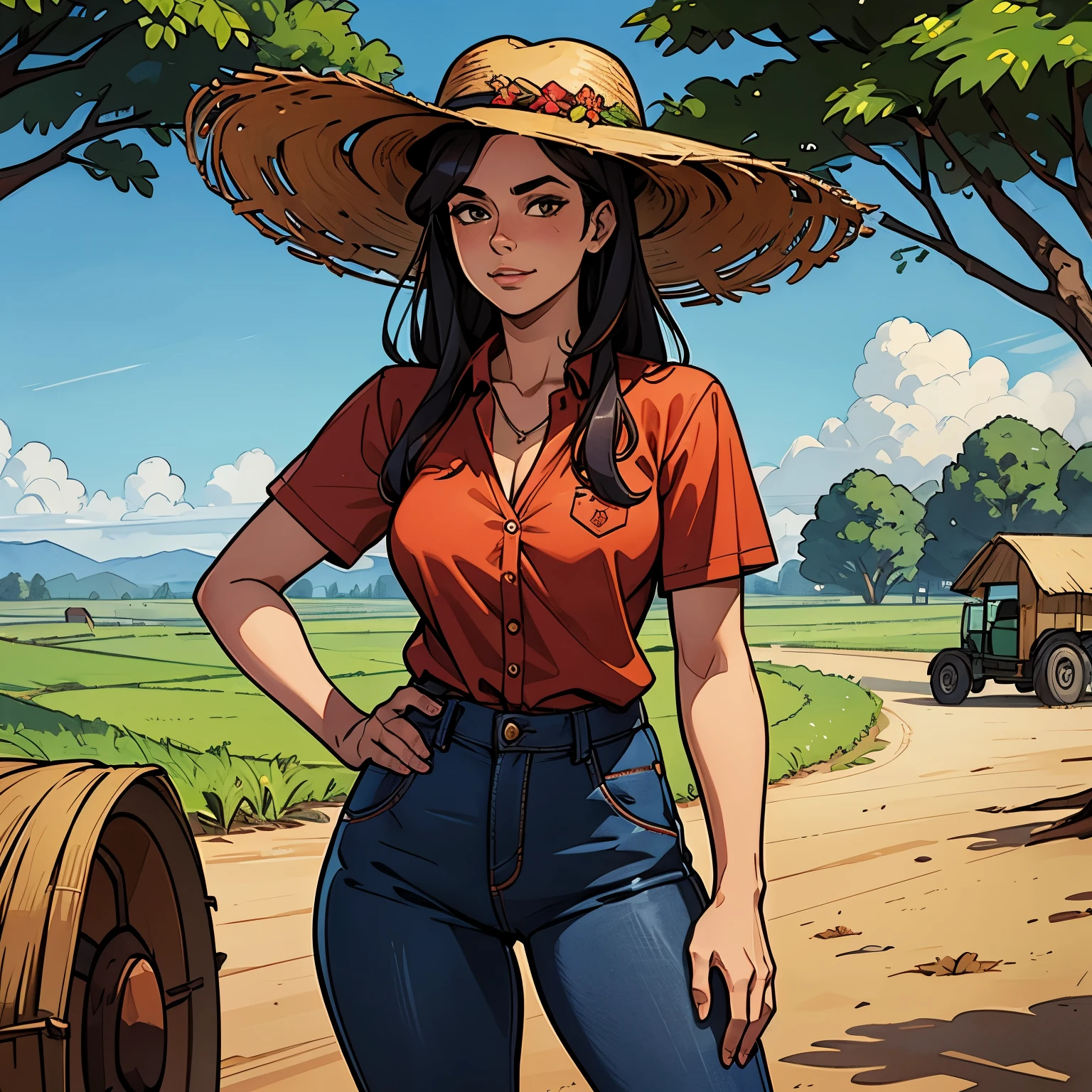 Agricultor, camisa quadriculada vermelha, dark blue jeans, botas de couro marrons, straw hat, trabalhador, agricultor trabalhando, estilo desenho fofo, farmer association logo