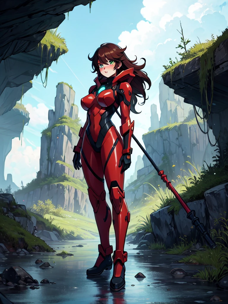 a full body cartoon of a mature human woman in a red armored biker suit, green eyes, brown hair, futuristic, smooth lines, extremely stylized, masterpiece, highly detailed, detailed eyes, expressive detailed eyes, detailed pupils, futuristic, blush, lots of freckles, super textured detailed skin,
exploration on the surface an organic alien world, alien planet surface, inspired by talon IV surface of Metroid prime, rain, mountain, intricate environment - n 9, overgrown with nature, bioorganic nature, lush alien landscape, inside an alien jungle, scenery, fantasy, flower, tree, nature, outdoors, water, downpour, cloudy sky, forest, grass, rock,standing, solo, moss, light_particles, staff, plant, flower, ruin of civilization alien, ruin of old civilization, a vestige alien structure in background, inspired by super Metroid illustration, gainax anime style, full body zenkai!, inspired by Masamune Shirow, 80's movie style, alien, science fiction,