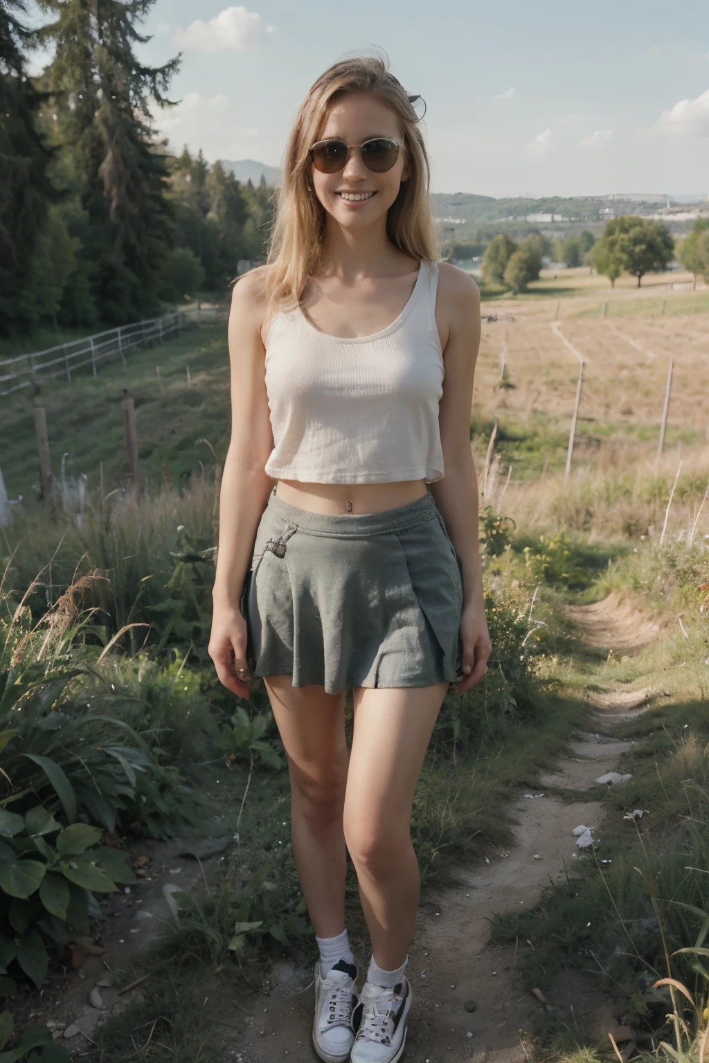 blonde girl smiling without teeth and standing on a meadow with tank top and skirt and converse shoes and sunglasses