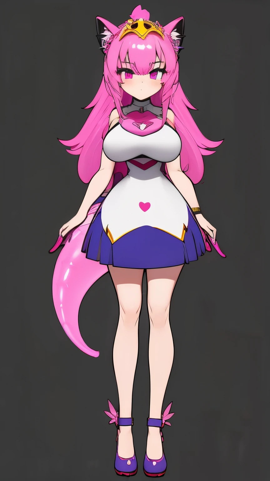vtuber-fullbody, full body, modelo 2d vtuber, dino woman, lorena, princes girl, pink hair, dino tail, big breasts, ultra detallado, ojos hermosos, iluminacion cinematografica, con cola de dinosaurio,