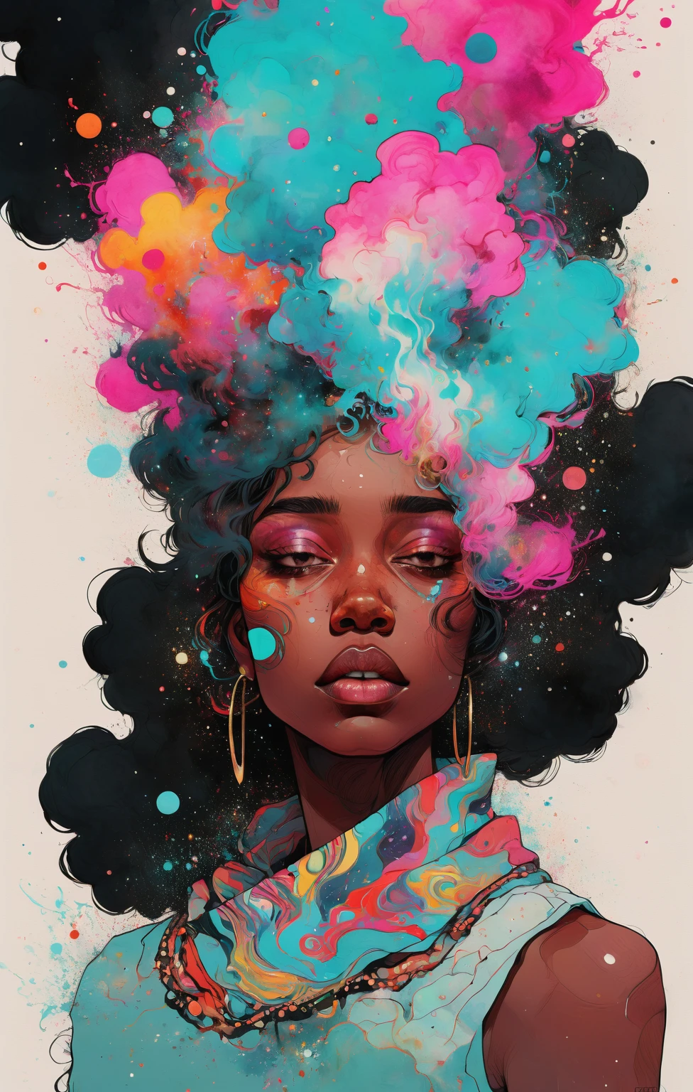 hip-hop theme, torso shot of a stunning Somali woman with a tired expression, Conrad Roset, cotton candy explosion, digital portrait, an ultrafine detailed painting, space art,  the drip drip, the bling bling, Use bold brushstrokes, swirling patterns, and contrasting colors to convey the intensity of the emotions. strong warrior princess, centered, key visual, intricate, highly detailed, breathtaking beauty, precise lineart, vibrant, comprehensive cinematic, Carne Griffiths, Conrad Roset, (the most beautiful portrait in the world:1.5) Imagine the universe as a vast symphony of colors and shapes. Create an abstract representation of the cosmos, using swirling galaxies, nebulae, and celestial bodies to evoke a sense of wonder and awe. Incorporates a blend of watercolor and , maximalism artstyle, geometric artstyle) Incorporate vibrant colors, dynamic brushstrokes, and intriguing textures to capture the essence of the subject's inner world, capturing a surrealist vision, Perfect centralization, Um caozinho bonito ruivo por toda parte, Usa uma jaqueta,