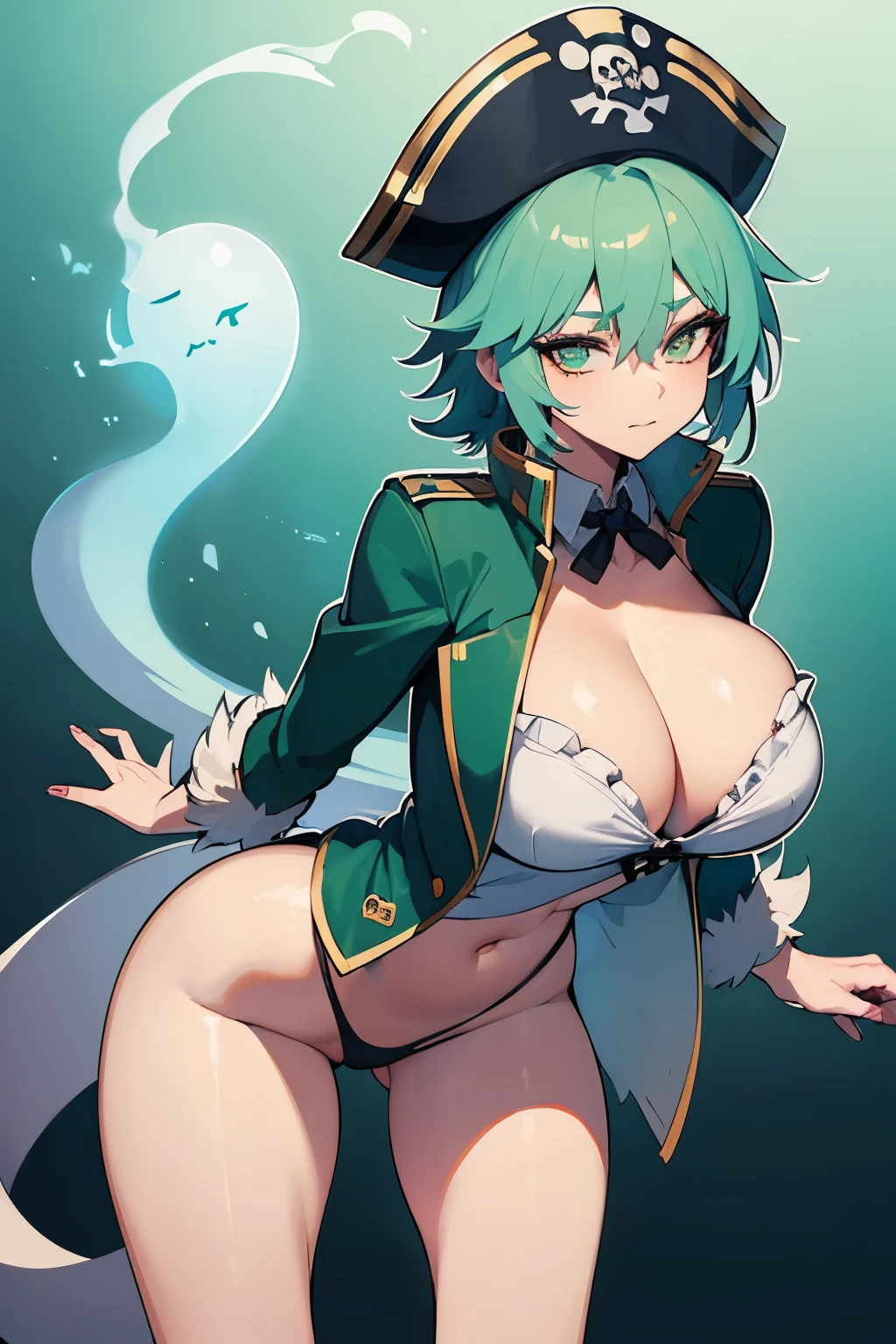 Green hair, (tomboy:1.3), (pirate female:1.1), (fire made light), (ghostly hair:1.2), (jack the ripper:1.2), summer, (skimpy fluffy jacket:1.2), full body, (detailed hand and finger:1.1), (houdglass body:1.2), (wide hips), (cute woman:1.2), (soft makeup), (tonned thighs), (ghost woman:1.1), round breasts, horny, (detailed face and eyes:1.2), (huge breasts:1.1), (busty:1.1), (deep cleavage:1.1), (labia outline:1.3), (hard teat:1.3).