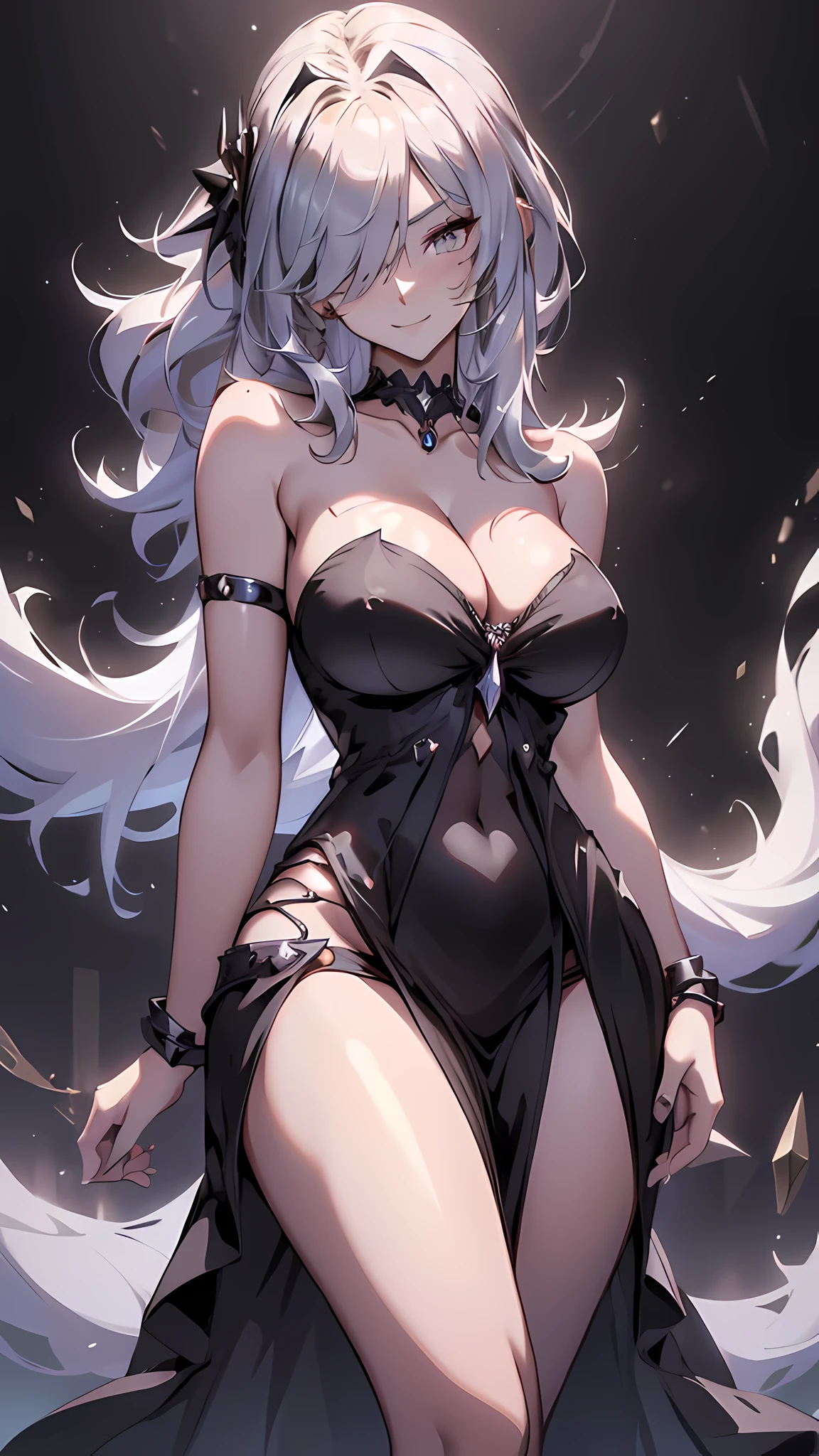 (masterpiece), best quality, expressive eyes, perfect face,1girl,collarbone, bracelet, high heels,(blonde hair),cleavage,(black and silver strapless idol long dress:1.3),(bare shoulders),big breasts,cityscape,nightlights,dynamic angle,smiles,standing,head tilt,sexy pose,portrait close-up,(silver eyes:1.1),bangles,thighhigh boots,chains background,(hair covering one eye:1.4)