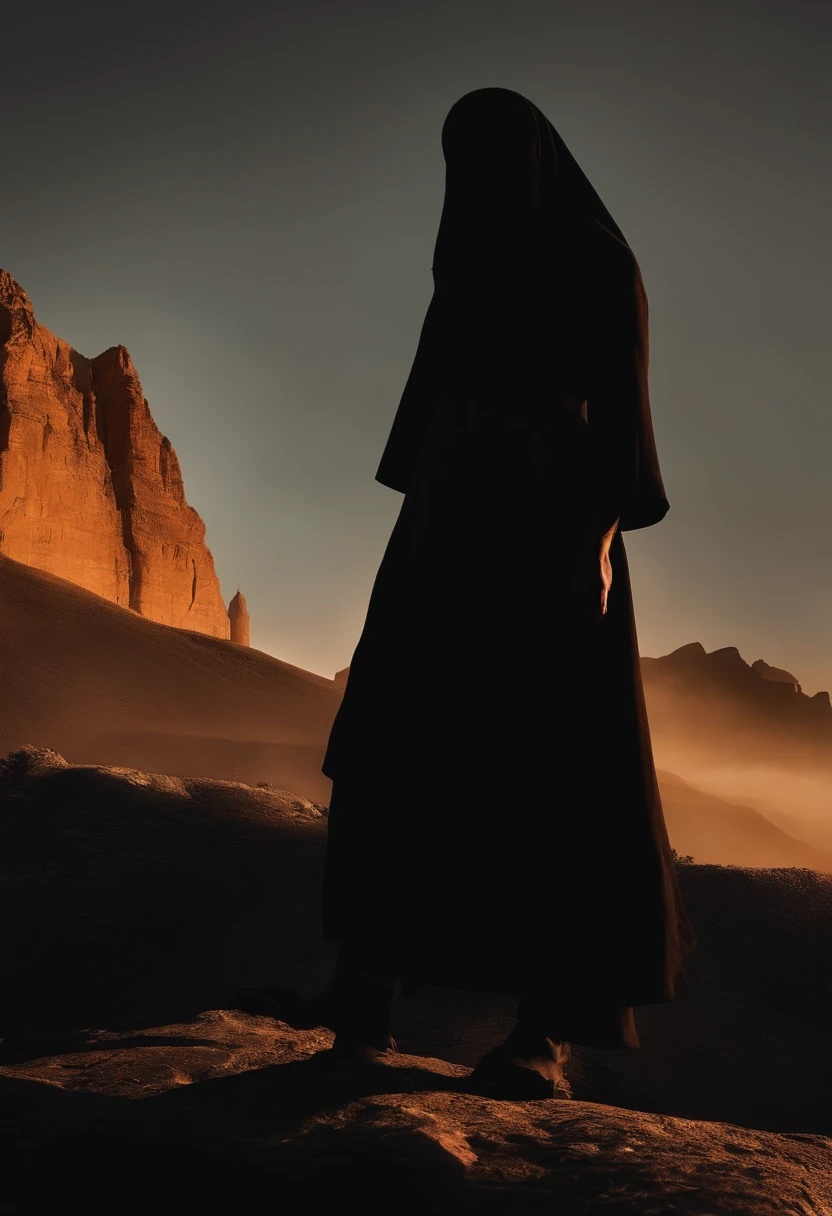 A dark and mysterious illustration depicting a silhouetted nun standing in the shadows, avec des yeux perçants regardant vers l'avant. Des éléments de danger et de vengeance pourraient être suggérés par des symboles de violence ou des éclats de flammes dans le fond.