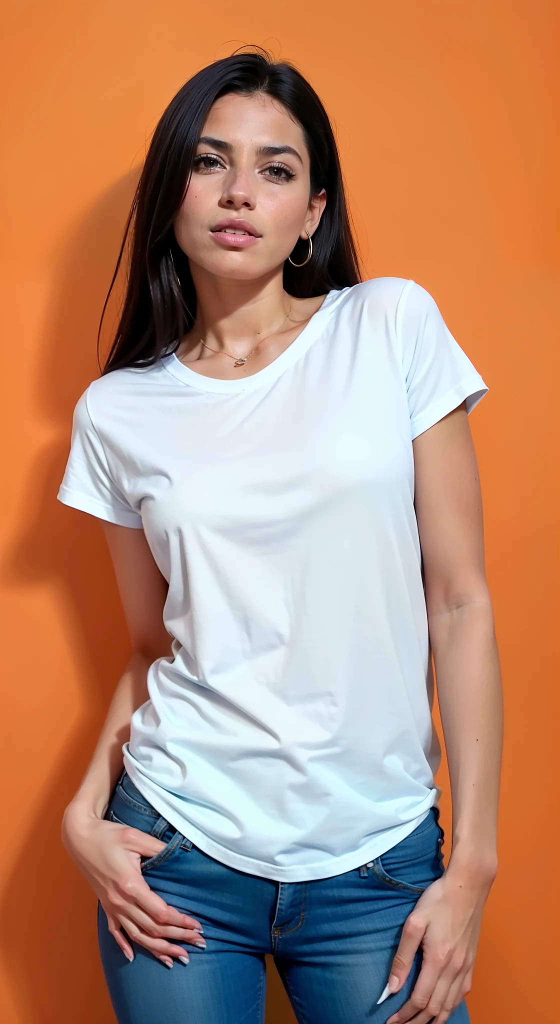 a close up of a woman in a camisa branca and jeans, camiseta branca, camiseta branca, camiseta branca, plain camiseta branca, dressed in a camiseta branca, wearing camisa branca, vestido com uma camiseta branca, roupas brancas, vestindo uma camiseta, camisa branca, em camiseta, wearing a camisa branca, clothed in camisa branca