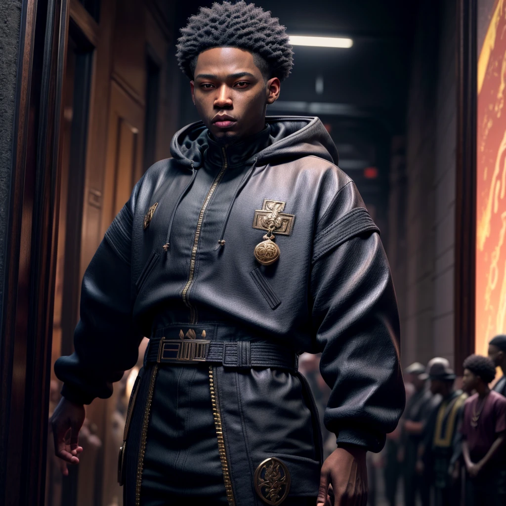 Inspired portrayal of a crew action black anime film poster movie scene titled “Children of the scorn”, with men, women, group of people, more than one person,African American, dark caesar haircut, low hair, hip hop influenced, cinematic photo style, warriors, ninja inspired, carhartt style jackets, standing in a palace hallway, Children of Rhea Ripley, male, men and women, group, masculine, melanin skin tone, African American, genetics, itachi China energy, 50 Cent energy, Jay z style fashion, muscular, athletic, warriors of strength, confidence, honor, calm, competent, ambitious, naturally attractive, godly essence, red aura background in the sky, eyes with a glow, long sleeve shirt, streetwear, suede material, nubuck fabric clothing, divine presence, cancerian energy, Sagittarius energy, Libra energy, diamond jewelry, mini Afro, city outside, 4k photo, 8 k photo, high quality, art, luxurious city vibe, luxurious fleece jackets, movie project, NY, fitted suits, embroidery