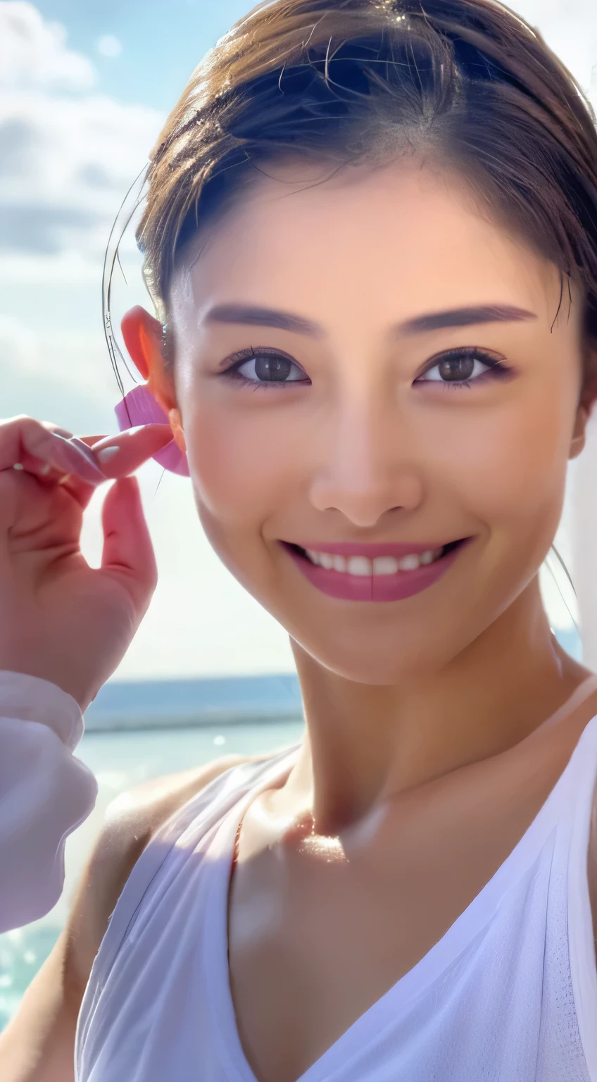 ((Top Quality, 8k, Masterpiece: 1.3)), 1 Girl, Beauty with Accentuated Slim Abs: 1.3, (Casual Hairstyle, Super Big: 1.2), Gym, Workout Wear: 1.2, Ultra Detail Face, Delicate Eyes, Double Eyelids, Soft Breasts, Smile, Ultra Exposed tits,sweat skin