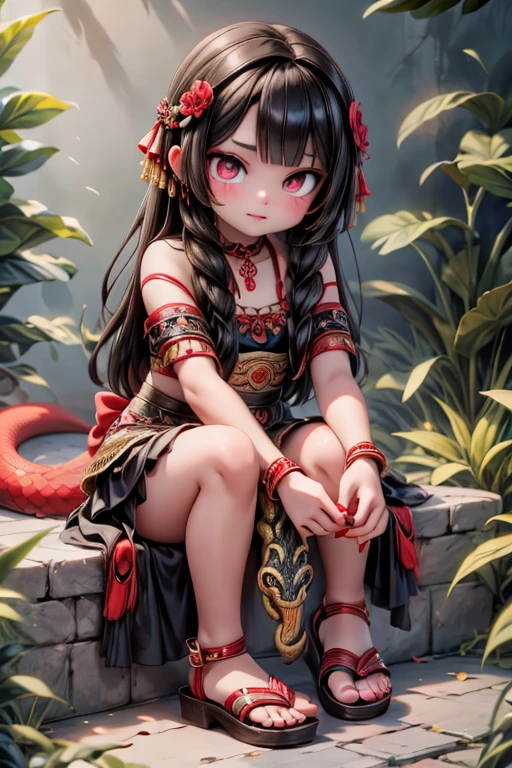 a beautiful girl with snakes, red and black makeup face tripes, mexican indigenous dress, beautiful sandals