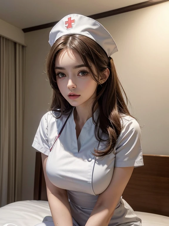 (best quality, highres, professional:1.2), ultra-detailed, realistic:1.37, gorgeous girl, 22-year-old, perfect body, wonderful face, wearing a long nurse outfit in a hospital mostrando os seios Grande