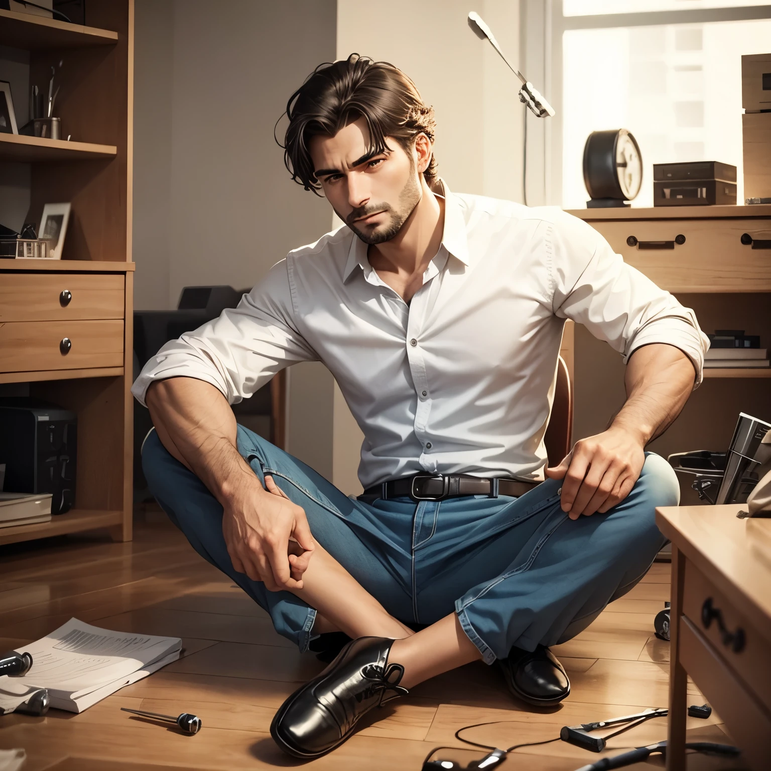 sitting professional man who does professional furniture assembly with a screwdriver