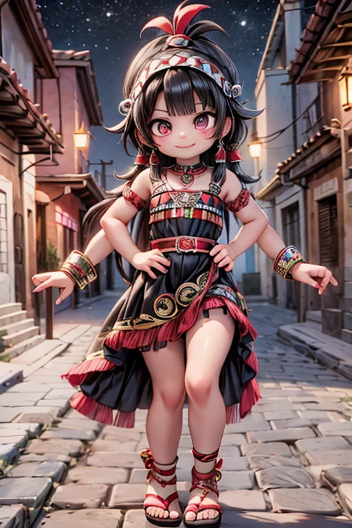 a cute mexican snake girl smiling, red anb black makeup stripes on face, mexinca indigenous dress, beautiful sandals, aztec city at night