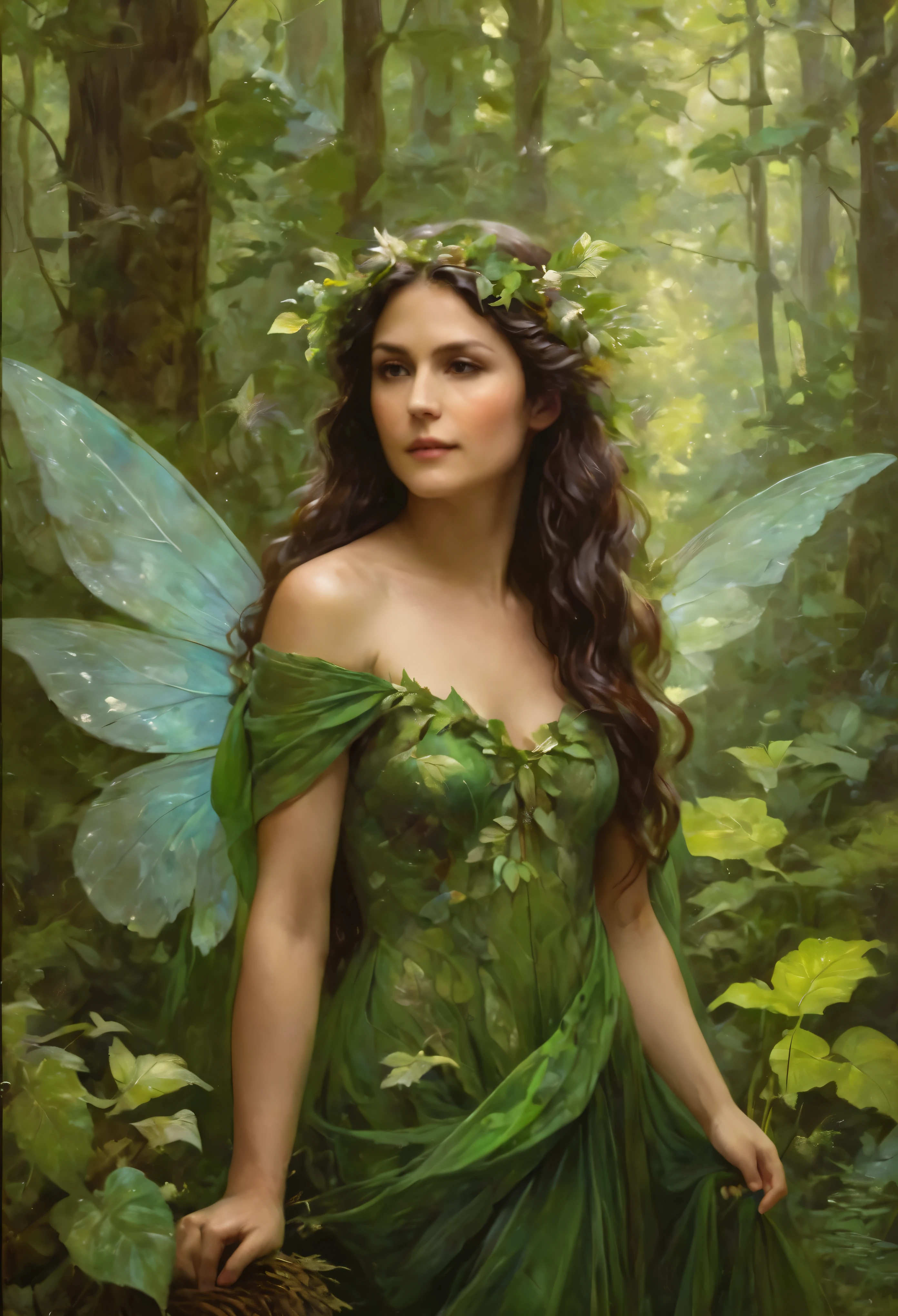 Elegant and serene fairy dryad with long wavy earthen-brown hair, leaf-green floral gown, mystical fauna wings, helping the animals of the forest harvest their food in a peaceful and radiant forest, oil paint splash