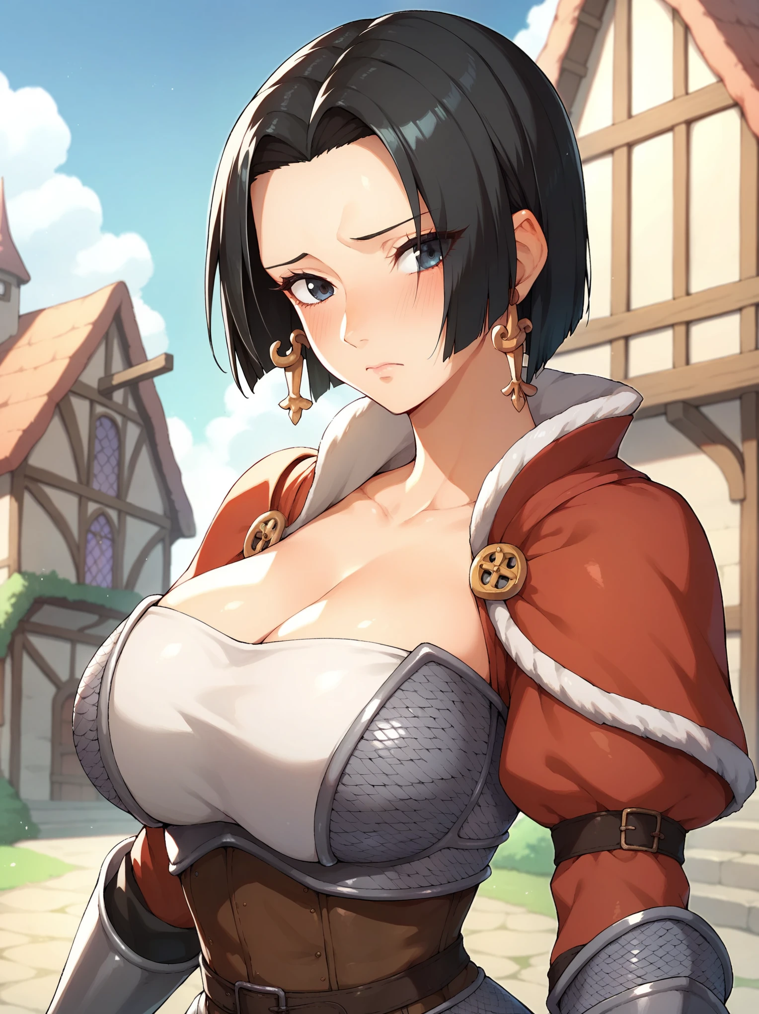 score_9,score_8_up,score_7_up,rating: general,1girl,solo, short hair,breasts,looking at viewer,blush,large breast, black hair, closed mouth,shexyo, shexyo style, boa hancock, medieval, fantasy armor, armor, ((medieval)), medieval town, fishscale, fishscale armor, breastplate, fishscale gauntlets