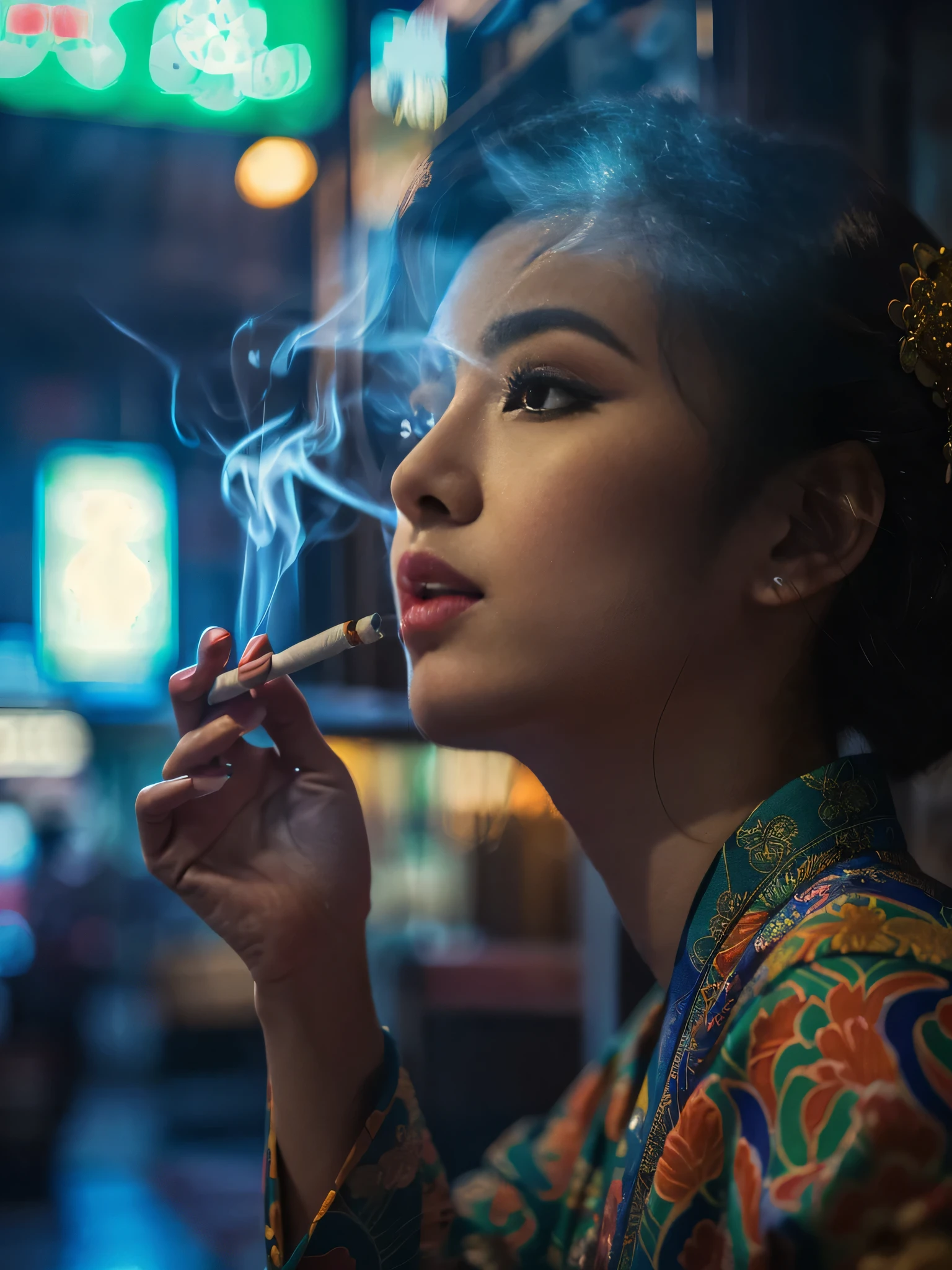 Realism，Realistic photography of people，Super realistic light and shadow effects，(Super exquisite CG Unity 8K wallpaper), (masterpiece), (best quality), (actual), geisha, kimono, cheongsam，smoke, Psychedelic，Realistic， ((best quality)), (super detailed)), (((photo)),Arav smokes in colorful kimono, Rostland 8K, cinematic. author：Leng Jun, By Liam Wong, smoking woman, Alice x. open, Brandon Wolfel, chinese woman, Portrait shoot, Chinese girl, Woman smokes, portrait of a smoking woman, 8k Artistic Portrait Photography, inspired By Liam Wong, woman smoking a cigarette，