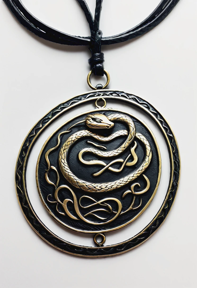  Snake Medallion: A rich  medallion with an engraved snake  design, hanging from a black leather cord, which can be worn around the neck as an accessory.