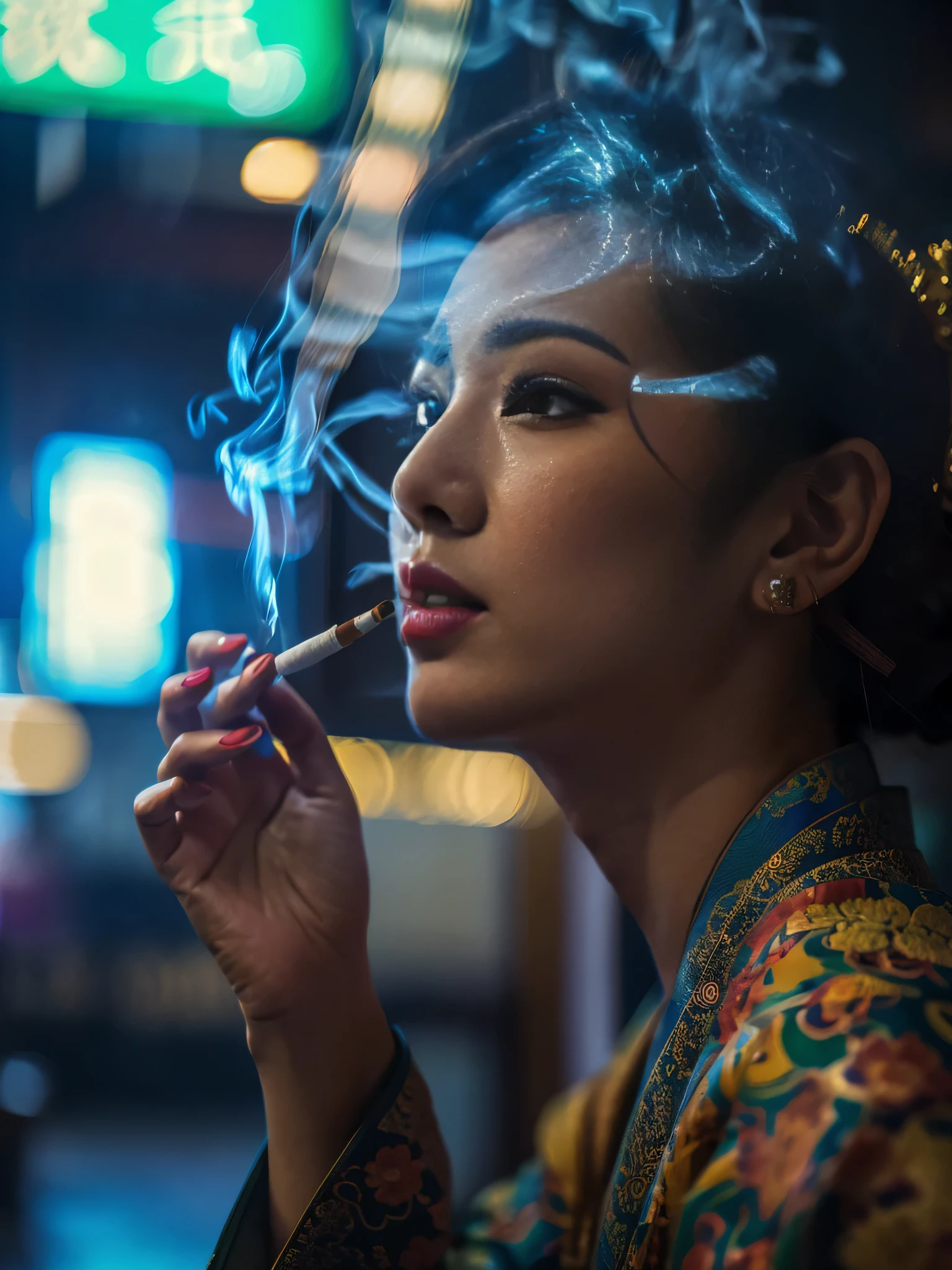 Realism，Realistic photography of people，Super realistic light and shadow effects，(Super exquisite CG Unity 8K wallpaper), (masterpiece), (best quality), (actual), geisha, kimono, cheongsam，smoke, Psychedelic，Realistic， ((best quality)), (super detailed)), (((photo)),Arav smokes in colorful kimono, Rostland 8K, cinematic. author：Leng Jun, By Liam Wong, smoking woman, Alice x. open, Brandon Wolfel, chinese woman, Portrait shoot, Chinese girl, Woman smokes, portrait of a smoking woman, 8k Artistic Portrait Photography, inspired By Liam Wong, woman smoking a cigarette，