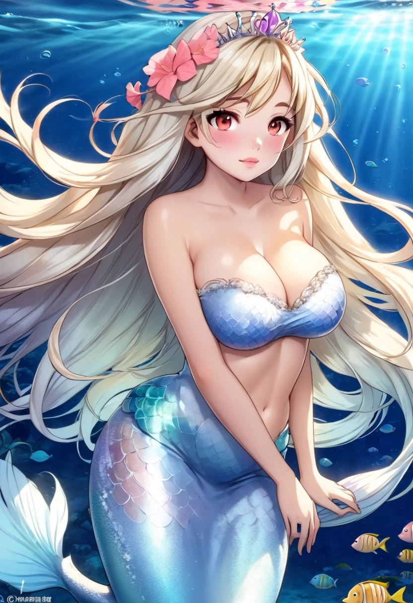 Marina uns princess mermaid 18 years old long hair light blonde coral pink eyes huge breasts with her older sister the princess coral light blue coral huge breasts hugging her huge breasts under the ocean