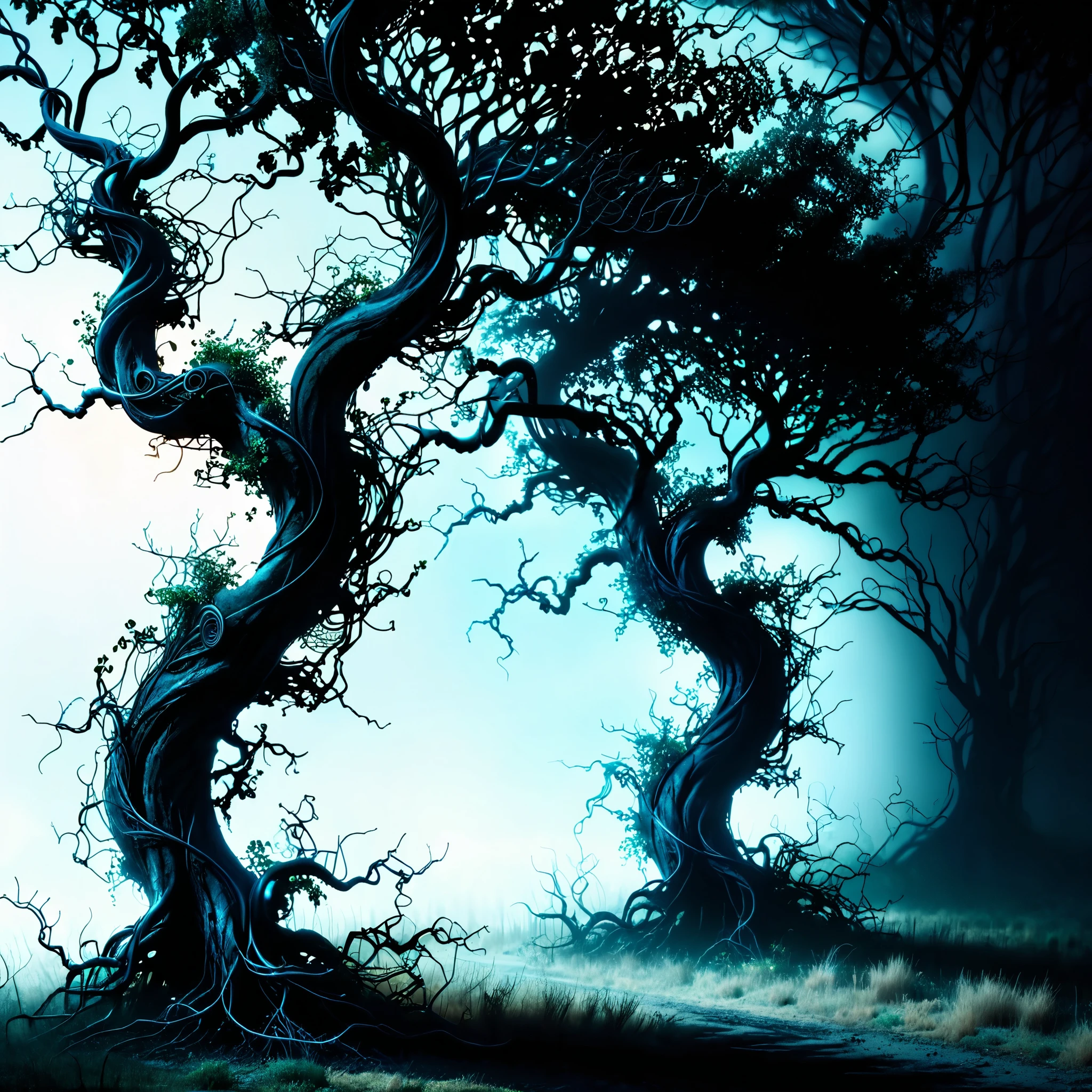 Infuse a sense of horror as twisted vines made of circuitry entwine with gnarled trees, casting ominous shadows on a landscape where technology and nature merge in a dark and unsettling way.