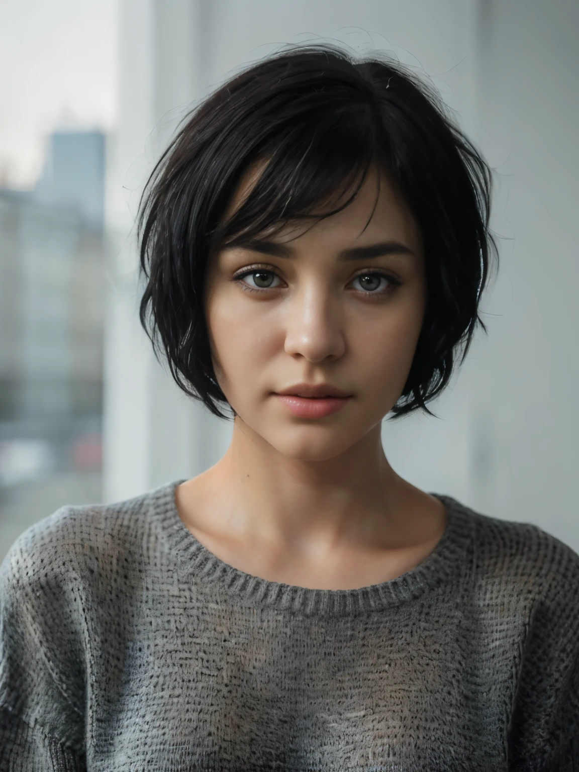 (masterpiece:1.3), (8k, photorealistic, RAW photo, best quality: 1.4), (1girl), beautiful face, (realistic face), (black hair, short hair:1.3), beautiful hairstyle, realistic eyes, beautiful detailed eyes, (realistic skin), beautiful skin, (sweater), absurdres, attractive, ultra high res, ultra realistic, highly detailed, golden ratio