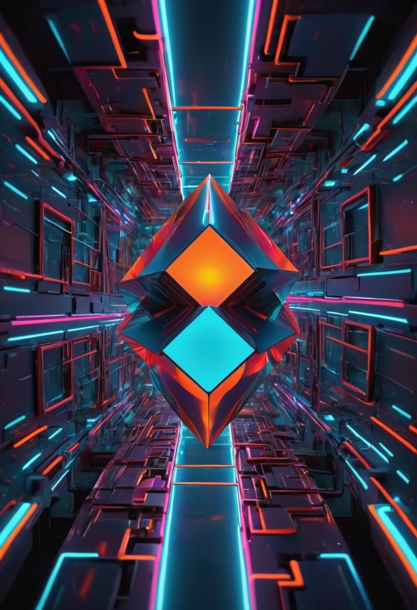 giant geometric shape,abstract,colorful,sharp edges,striking contrast,3D rendering,stark minimalism,highly saturated colors,illuminated from within,glowing lines,vibrant neon lights,ultra-modern aesthetics,surreal atmosphere,fluid motion,kinetic energy,larger than life,impressive scale,intricate patterns,symmetrical composition,dynamic angles,mesmerizing optical illusion,immersive spatial experience,hypnotic effect,textured surfaces,bold geometric forms,perfectly balanced proportions,monumental presence,visual impact,breathtaking symmetry,geometric precision,impossible . masterpiece, best quality, very aesthetic, absurdres, otclillsn