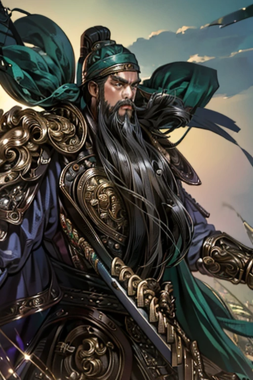 masterpiece, masterpiece_portrait, distinct, distinct_image, high_resolution, highres, high_quality_anime, high_quality, hyper_detail, finely_detailed,4K, guanyu green armor long heavy beards long handle blade