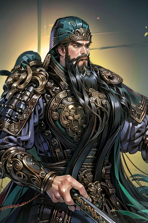 masterpiece, masterpiece_portrait, distinct, distinct_image, high_resolution, highres, high_quality_anime, high_quality, hyper_detail, finely_detailed,4K, guanyu green armor long heavy beards long handle blade