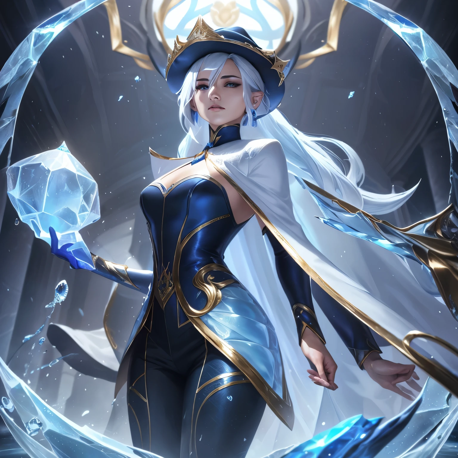 Dirt.,white shirt,(เวทมนตร์ice:1.2), League of Legends สแปลชอาร์ต, woman,(Blue pants with gold trim:1,black eyes,white hair,(Cold cough:1.2),คริสตัลTranslucent,fight,front view,ice,fish,Bishop&#39;s Hat,marble pattern,blue magic,joy,luxurious,diamond,เกล็ดfish,(เวทมนตร์ice:1.2),mirror,crystal crystal,white coat,ลอยiceกัด,blue crystal shard,กลีบดอกไม้ice,dragon,(LeBlanc:1.2),Translucent,port area,full figure,queen,bodyguard,Short long hair,black hand,Standing on a boat.,Cape suit,black arm,lotus