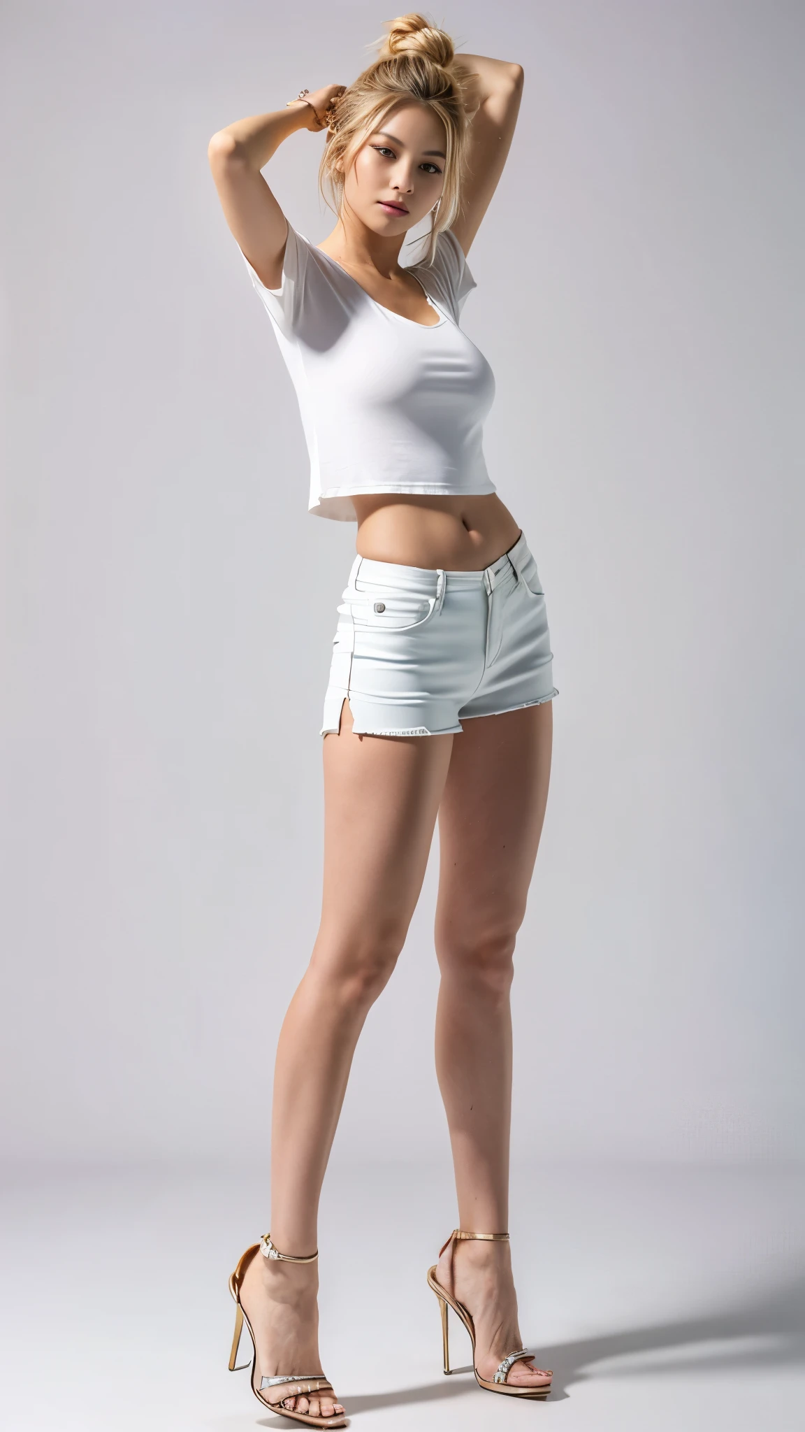 A hot korean woman, tall figure, long legs, blonde hair, messy bun hair style, natural makeup, (plump body, sagging breasts, braless), (casual white tight shirt with rounded-neck short-sleeve loose), stilettos, full body, seductive look, at professional photo studio, colorful backdrop background, dynamic light, dynamic angle, perspective, 8K, masterpiece, ultra detailed.