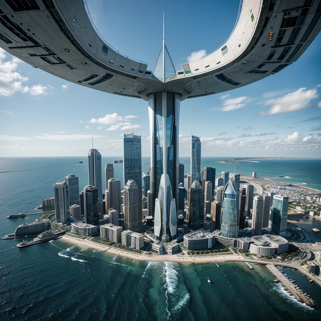 a futuristic coastal populated megacity