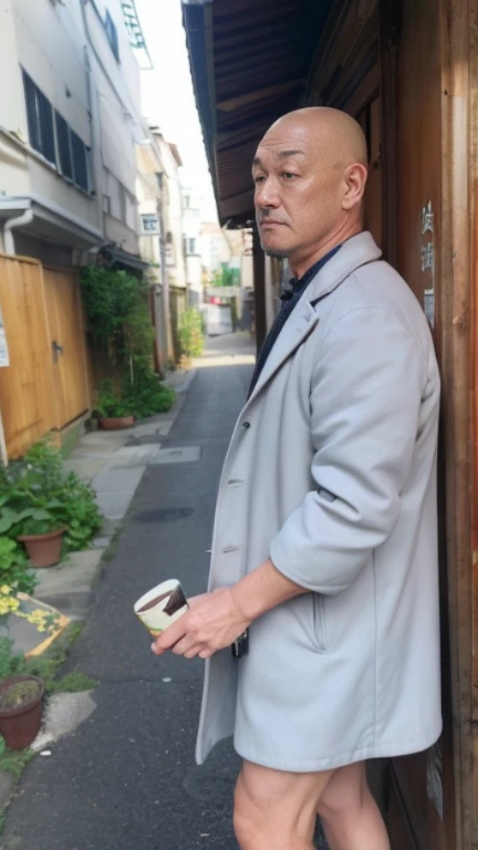 high quality,masterpiece, 1 person,cowboy shot.,field,In the back alley,dim,evening, Front view, (looking at the viewer,60歳male性、male,Bald,Japanese,coat over naked, sweat vapor,embarrassing,can ),muscular butt,woman'The tale of