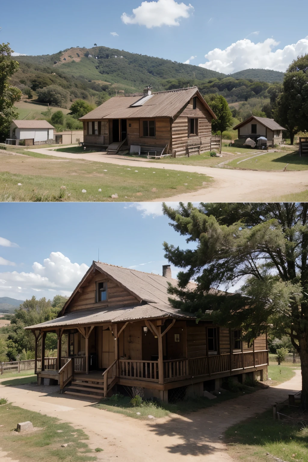 farm in tandil with family house and 3 wooden cabins in a row for tourism, la rodea un arroyo cubierto de arboledas, un paisaje levemente ondulado,verde y fertil, que se vea la imagen desde el cielo de forma general y que sea hermoso, (detallado)


