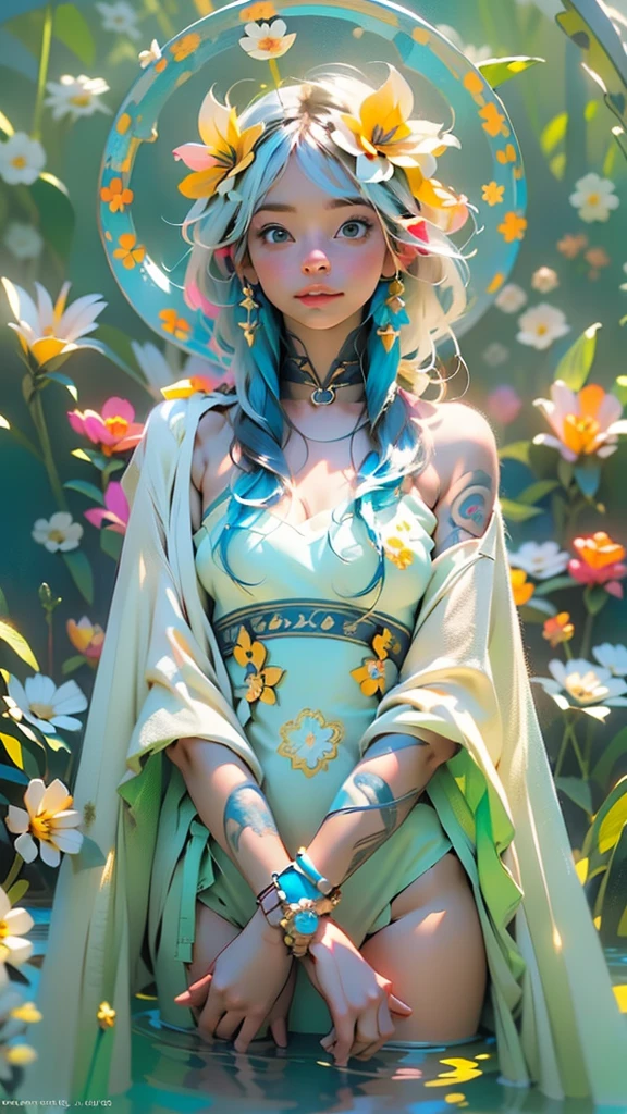 ((1 girl - solo, full length, waist-length, loose - relaxed pose, standing)), ((masterpiece, best quality: 1.3), (ultra detail: 1.3), (best quality, high resolution, photo-realistic: 1.37)). ((Orange, pink, white, and green details), (girl, in flower-T tattoos, starry sky-white hair), (dark hair, shoulder-length, long hair), (elegant body, dark stylish T-shirt, tech clothes: 1.1), (beautiful hands in jewelry bracelets, tattoos, (Rockstar)). ((Calm look, relaxed pose, standing)). ((Abstract background with lines and circles), (Technical background - abstraction), (high-tech), (many flowers - lilies), (flowers look amazing), mostly in light colors: (white, blue, yellow, gold)).((Best quality), (surrealism: 1.3), (masterpiece: 1.2), (fantasy: 1.2, surrealism: 1.3), ((High resolution, sharp image), (best quality: 1.37), (realistic 3D visualization), (adjustments, soft light-shadow, flooded sunlight, contrast shadows – cold tones, warm soft light)). (Technical background - abstraction), (modern style, HD detail, cinematic, surrealism, Deep focus, ray tracing, Diffusion)).