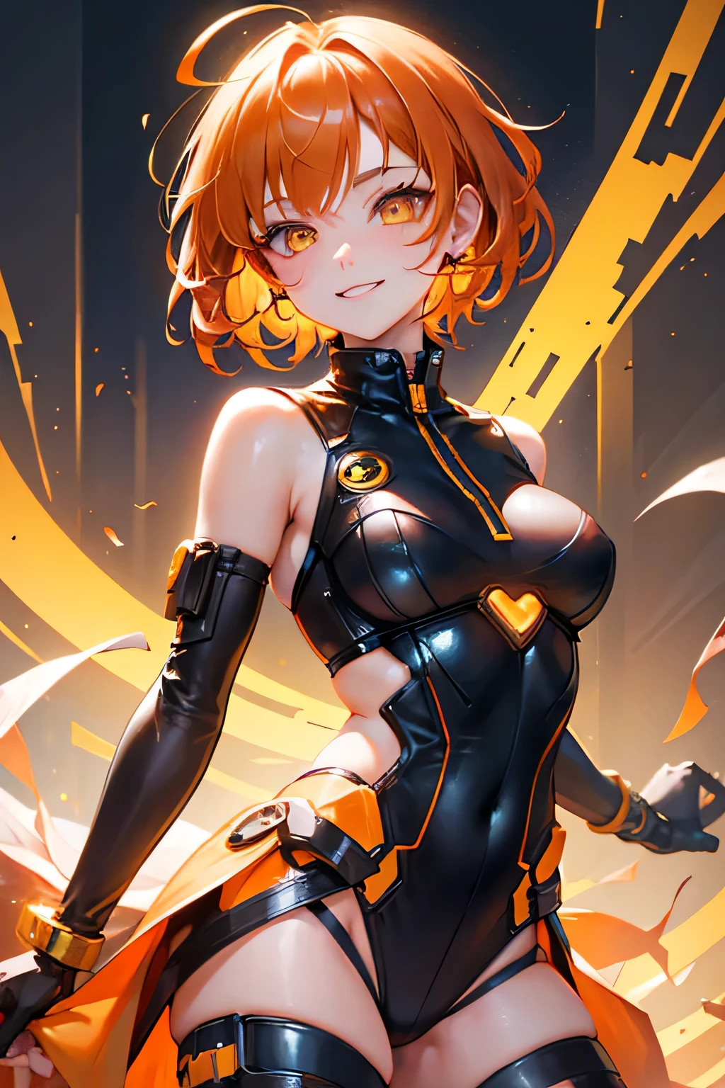 girl in cyberpunk costume、1 person、orange brown hair、yellow eyes、short hair、luster、glosischievous smile、lively look、beautiful、Honey Core、Hozuki scattered background、bold pose