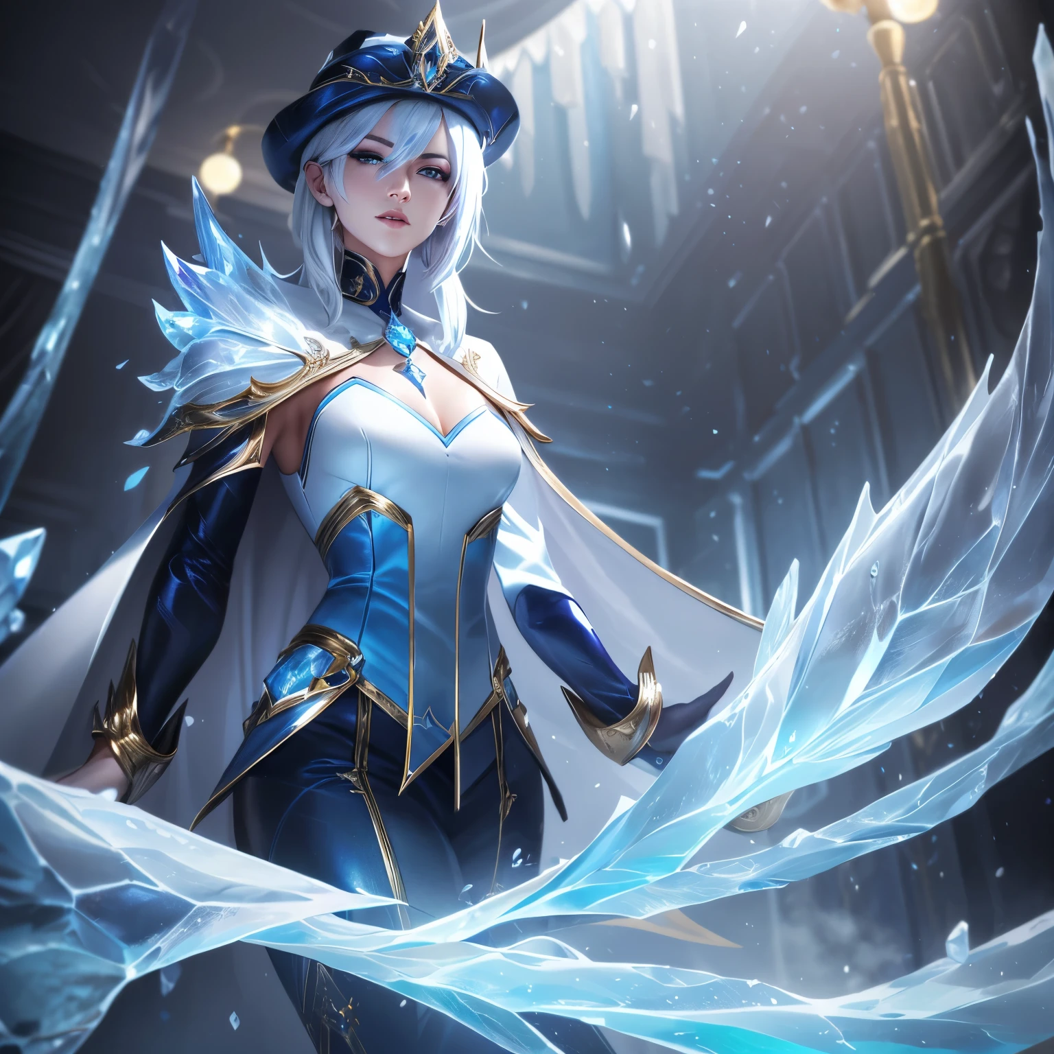 Dirt.,white shirt,(เวทมนตร์ice:1.2), League of Legends สแปลชอาร์ต, woman,(Blue pants with gold trim:1,black eyes,white hair,(Cold cough:1.2),คริสตัลTranslucent,fight,front view,ice,fish,Bishop&#39;s Hat,marble pattern,blue magic,joy,luxurious,diamond,เกล็ดfish,(เวทมนตร์ice:1.2),mirror,crystal crystal,white coat,ลอยiceกัด,blue crystal shard,กลีบดอกไม้ice,dragon,(LeBlanc:1.2),Translucent,port area,full figure,queen,bodyguard,Short long hair,black hand,Bar area,Cape suit,black arm,ดอกบัวice,ดอกบ๊วยice