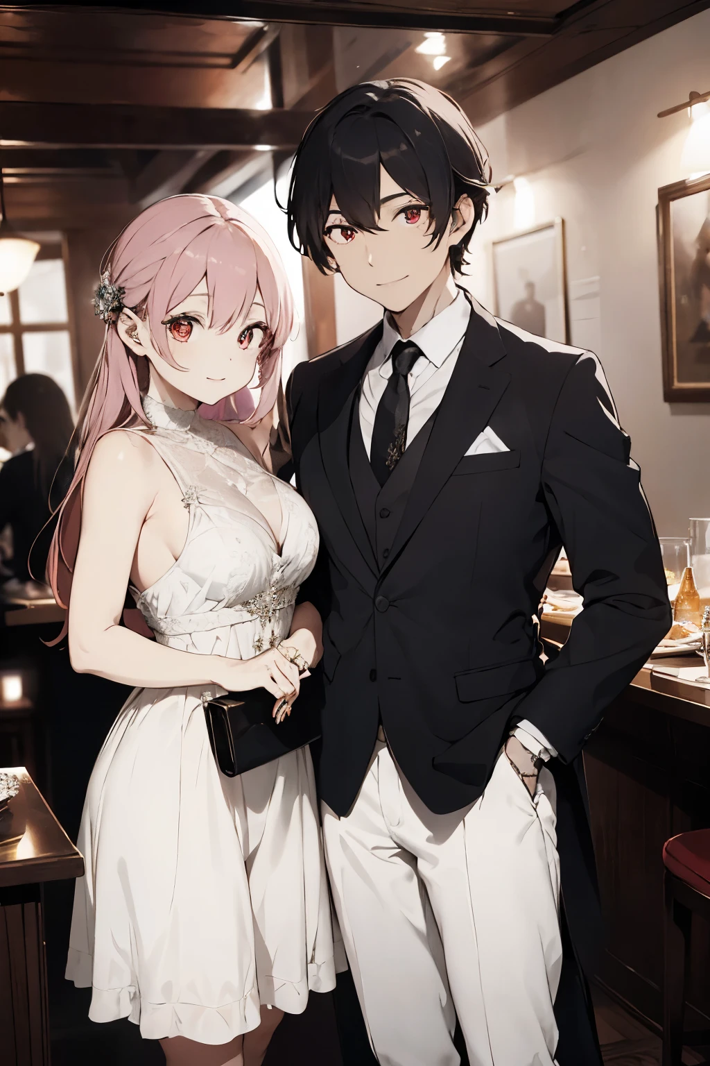 masterpiece, best quality, 2girls, anya (spy x family), multiple girls, 1boy, female , pink hair, flower, blush, green eyes, jewelry, smile, , hairband, closed eyes, shirt, dress, earrings, sparkle, open mouth, black dress