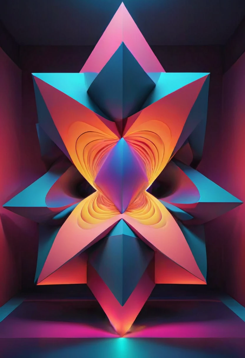 giant geometric shape,abstract,colorful,sharp edges,striking contrast,3D rendering,stark minimalism,highly saturated colors,illuminated from within,glowing lines,vibrant neon lights,ultra-modern aesthetics,surreal atmosphere,fluid motion,kinetic energy,larger than life,impressive scale,intricate patterns,symmetrical composition,dynamic angles,mesmerizing optical illusion,immersive spatial experience,hypnotic effect,textured surfaces,bold geometric forms,perfectly balanced proportions,monumental presence,visual impact,breathtaking symmetry,geometric precision,impossible . masterpiece, best quality, very aesthetic, absurdres, otclillsn