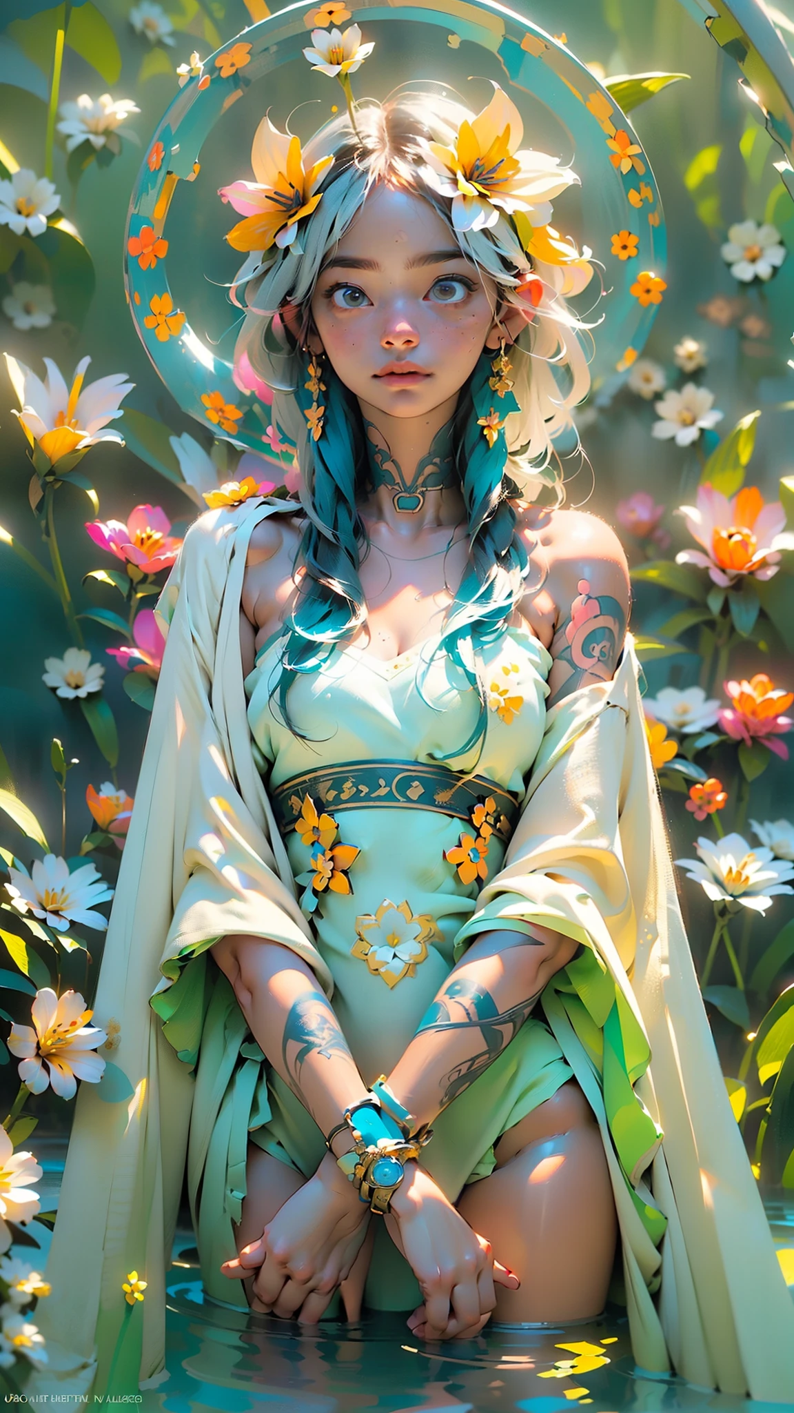 ((1 girl - solo, full length, waist-length, loose - relaxed pose, standing)), ((masterpiece, best quality: 1.3), (ultra detail: 1.3), (best quality, high resolution, photo-realistic: 1.37)). ((Orange, pink, white, and green details), (girl, in flower-T tattoos, starry sky-white hair), (dark hair, shoulder-length, long hair), (elegant body, dark stylish T-shirt, tech clothes: 1.1), (beautiful hands in jewelry bracelets, tattoos, (Rockstar)). ((Calm look, relaxed pose, standing)). ((Abstract background with lines and circles), (Technical background - abstraction), (high-tech), (many flowers - lilies), (flowers look amazing), mostly in light colors: (white, blue, yellow, gold)).((Best quality), (surrealism: 1.3), (masterpiece: 1.2), (fantasy: 1.2, surrealism: 1.3), ((High resolution, sharp image), (best quality: 1.37), (realistic 3D visualization), (adjustments, soft light-shadow, flooded sunlight, contrast shadows – cold tones, warm soft light)). (Technical background - abstraction), (modern style, HD detail, cinematic, surrealism, Deep focus, ray tracing, Diffusion)).