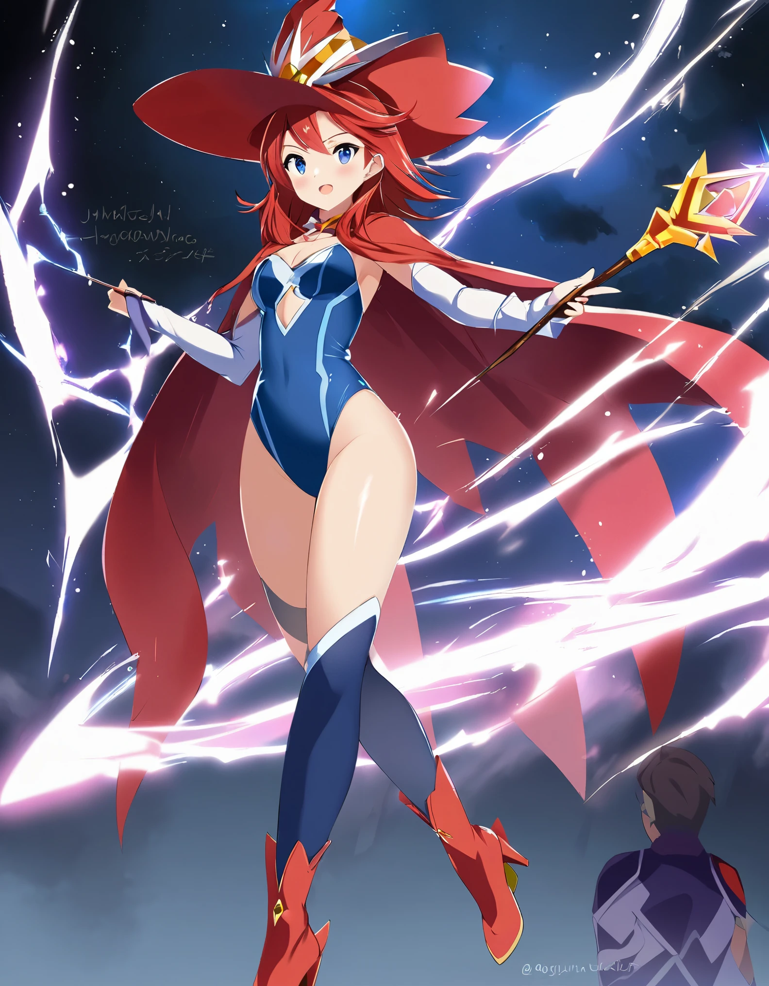 1girl, superhero, holding a wand, witch academia, superhero sorceress witch, glamorous angewoman digimon, sky witch, by Aguri Uchida, maya ali as a lightning mage, (leotard, blue leotard with purple accents, bare legs, blue thigh-highs, red high heels), witch hat, red hair, blue eyes, -18, solo, solo focus, wonder, concept art!!