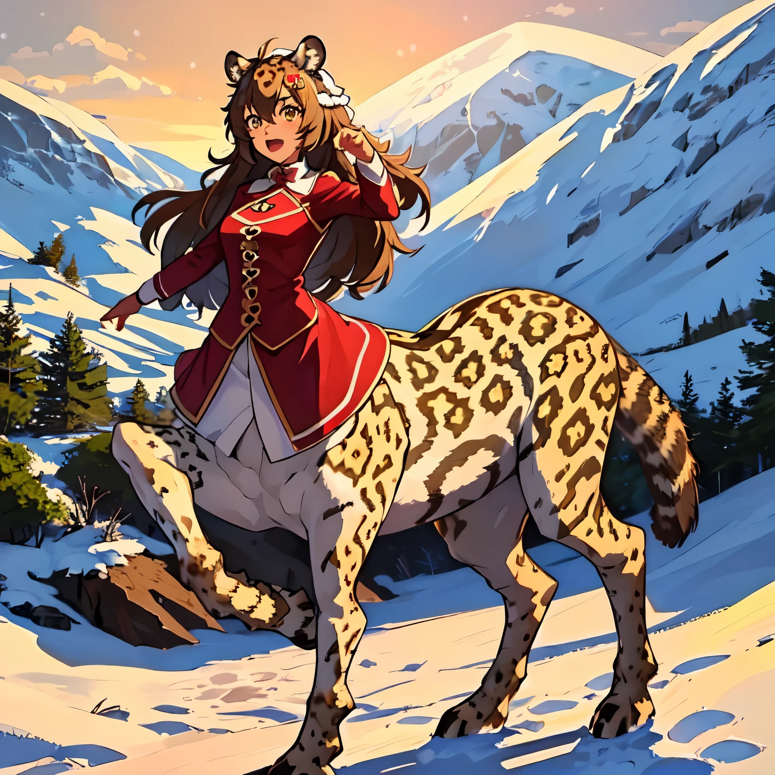 ((1girl)), long hair, brown skin, ((snow leopard taur)), ((taur)), open mouth, feminine clothing, best quality, high quality, highres, full body, 4k, 8k, masterpiece, mountain, medium breasts